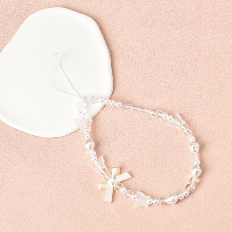 Beaded Cell Phone Lanyard for Women Girls - Bowknot Butterfly Pearl White Charm Bracelet - Handmade Anti-Lost Chain Cute Wrist Strap for Case image number 1