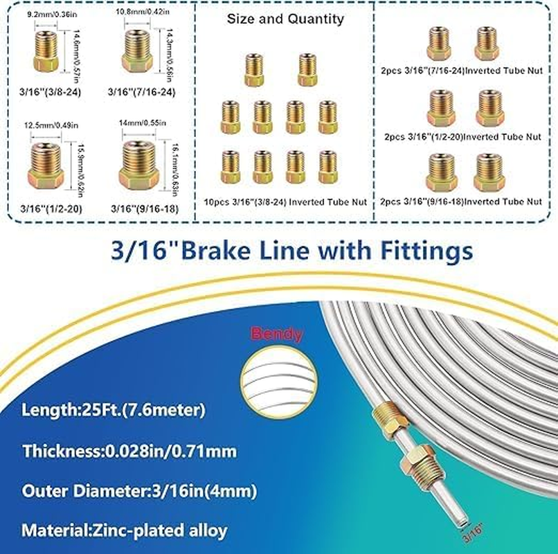 26Pack 3/16 Inch Brake Line Kit Include 25 FT Zinc-Plated Brake Lines with Fitting(16Pcs Fittings,2Pcs Union+4Pcs Nut) Brake Line Bender,Single Flare Tool,Cutter 3/16 Inch Brake Line Kit image number 6