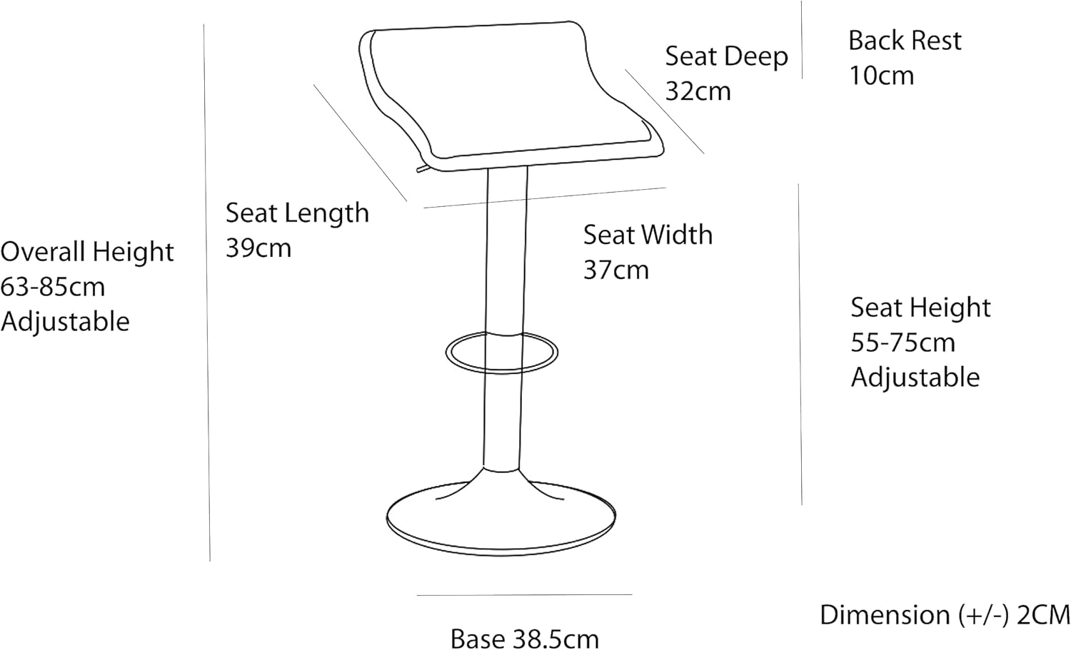 Lenoxx Low Back Leather Barstool - Pack of 2, Stylish Design, Stable & Sturdy, Comfortable Seating, Adjustable Height (90-110Cm) Max Capacity - 150Kg. Color - Black image number 1