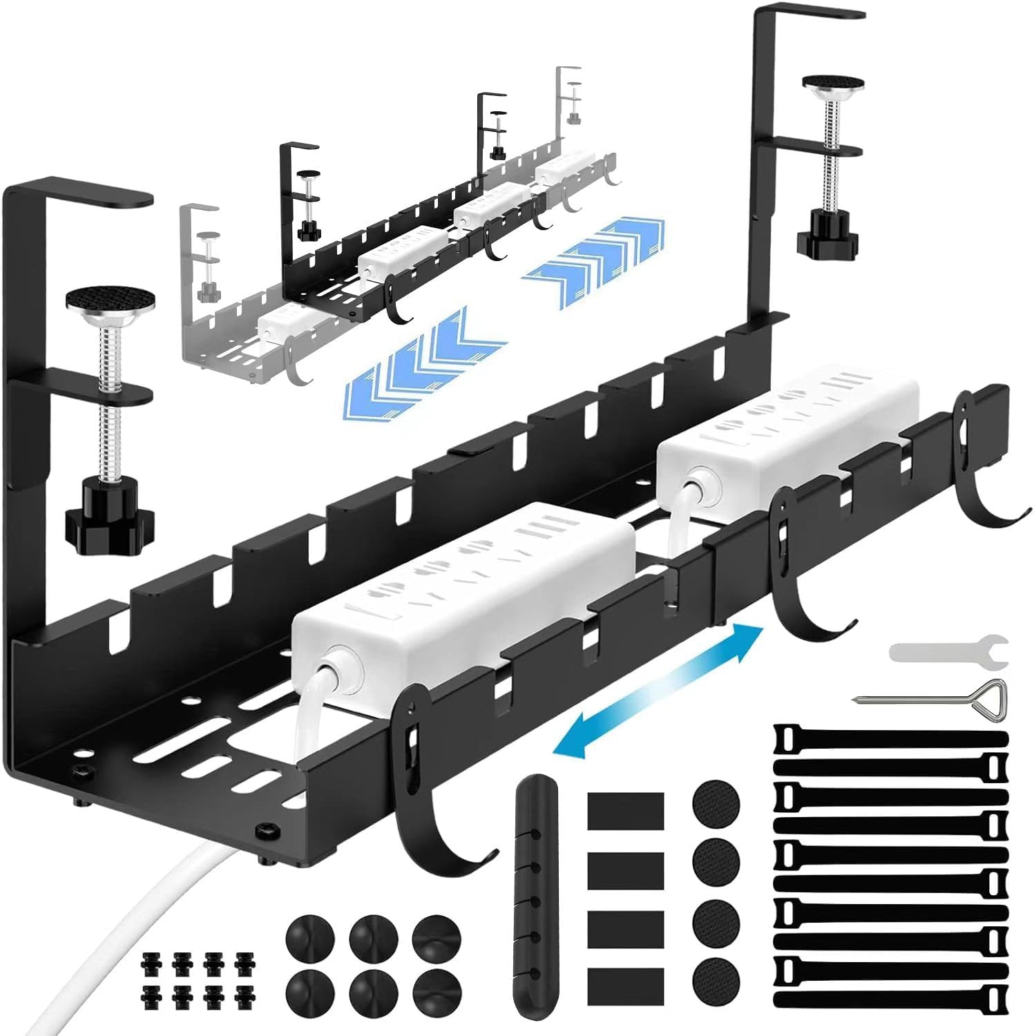 NOAEOU Retractable under Desk Cable Management Tray &ndash; 12" to 21.6" No Drill Metal Wire Cord Organizer Basket with Complete Accessories | Desk Wire Management Solution for Office & Home image number 1