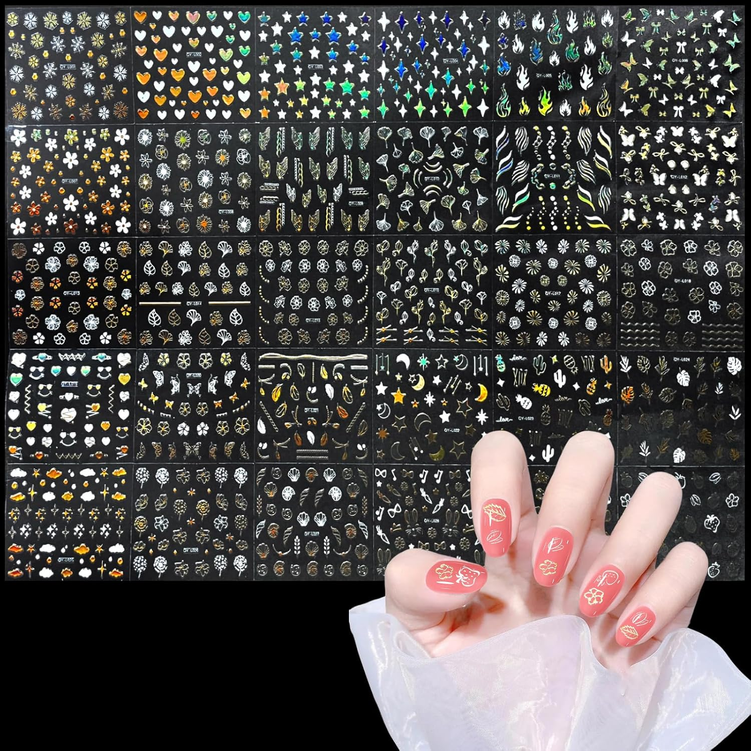 WD&CD 30 Sheets Colorful Cute Nail Art Stickers Decals Self Adhesive Nail Stickers Nail Art Supplies Colorful Flower Stickers Floral Rabbit Bear Heart Nail Designs Manicure Tips Charms Nail Decoration