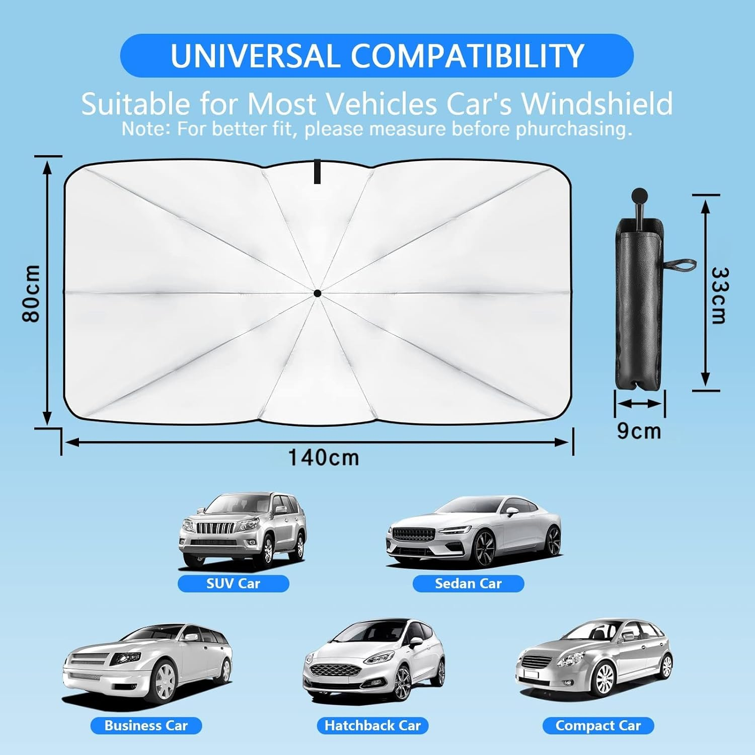 Car Windshield Sun Shade Umbrella, 2025 Upgraded with 360&deg; Bendable Handle, 10 Fiberglass Ribs, 5 Layers UV Block Coating, Heat Insulation Protection for Medium Sedan, SUV Windshield (140X80Cm) image number 6