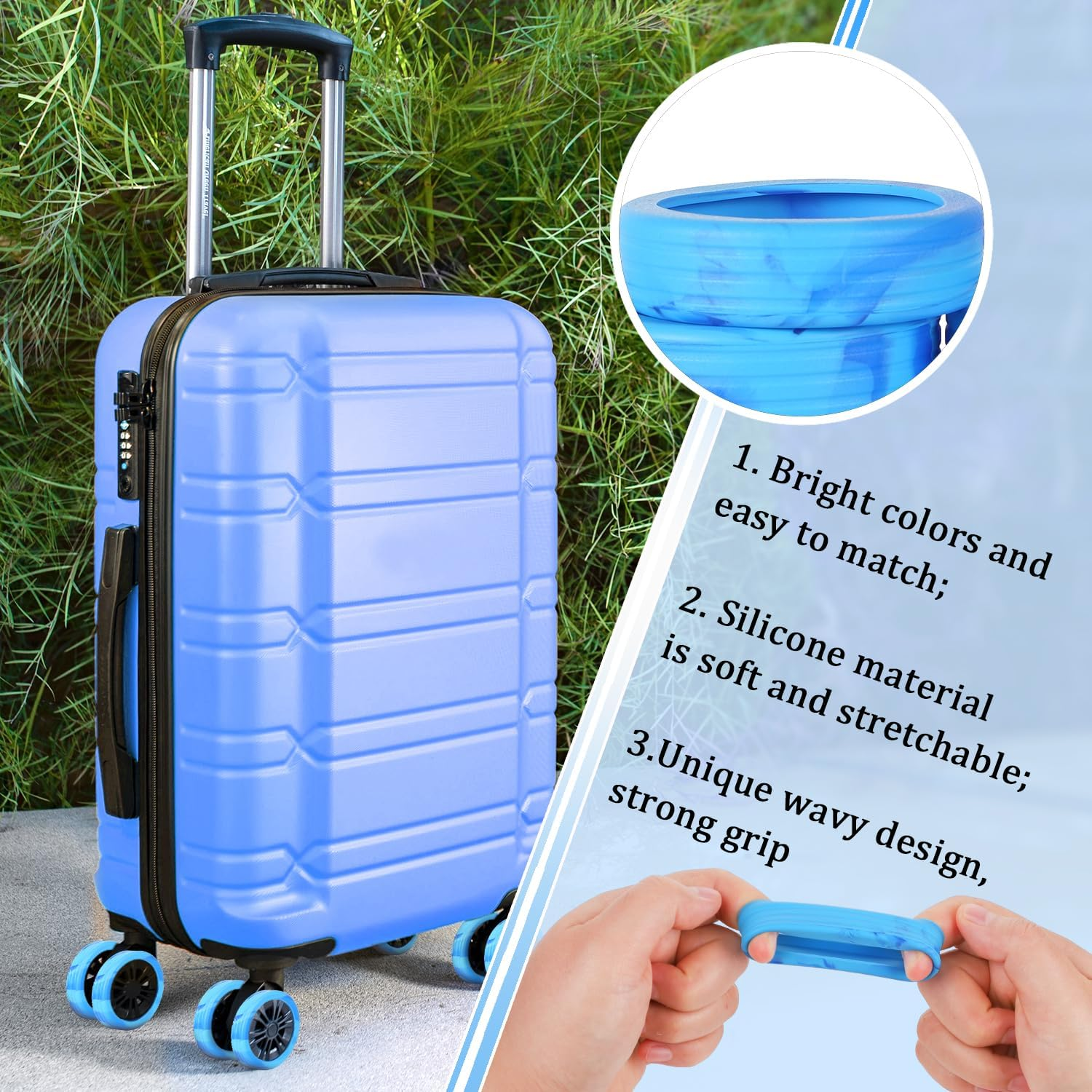 8Pcs Luggage Wheel Covers 4.2X1.5Cm Silicone Luggage Wheel Protector Wheel Covers Accessories Noise Proof for Most 8-Spinner Wheels Suitcase, Blue + Light Blue, 4,2X1,6Cm - Blue + Light Blue image number 5
