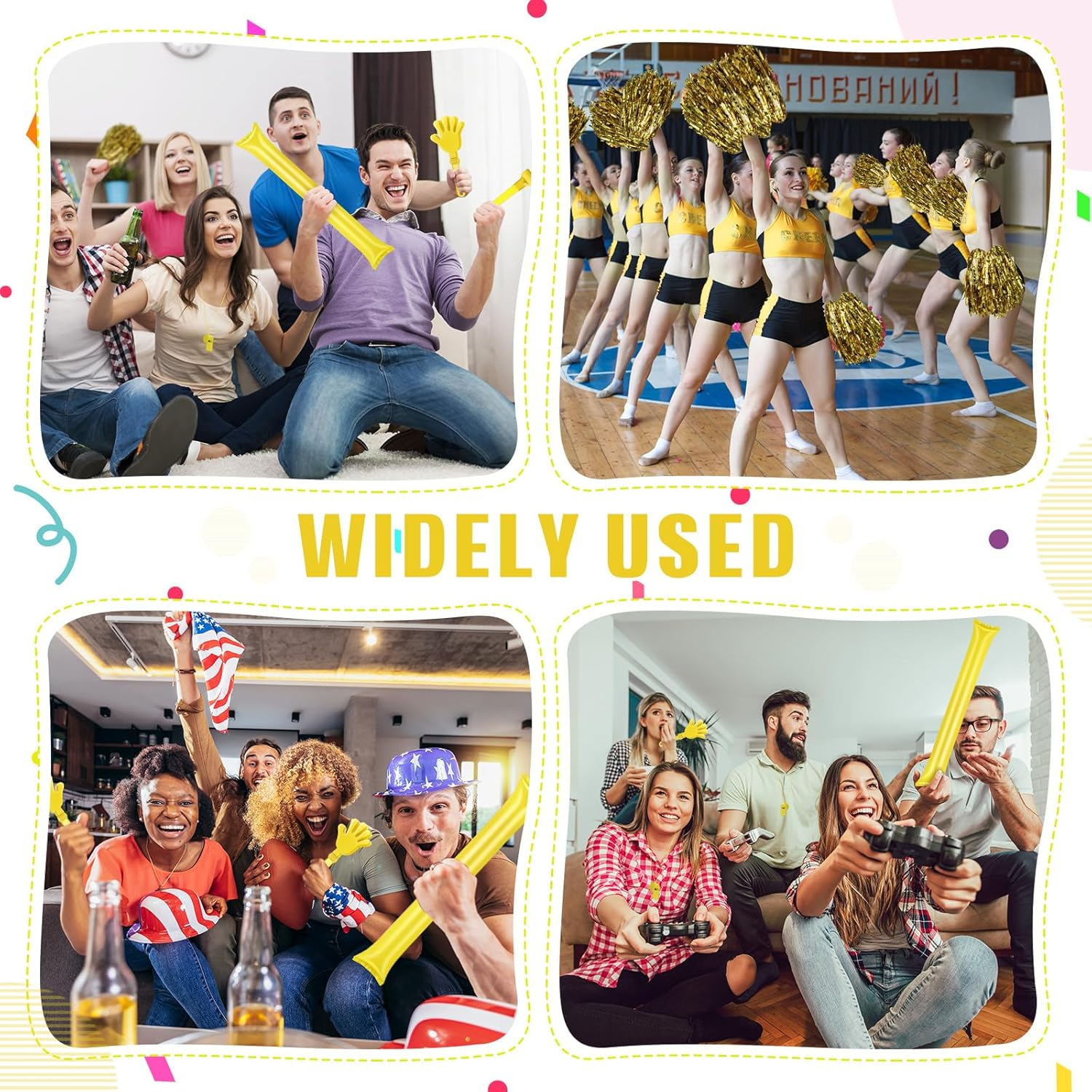 48 Pcs Cheerleading Pom Poms Thunder Sticks Hand Clappers Plastic Whistles with Lanyards Squawker Horns image number 1