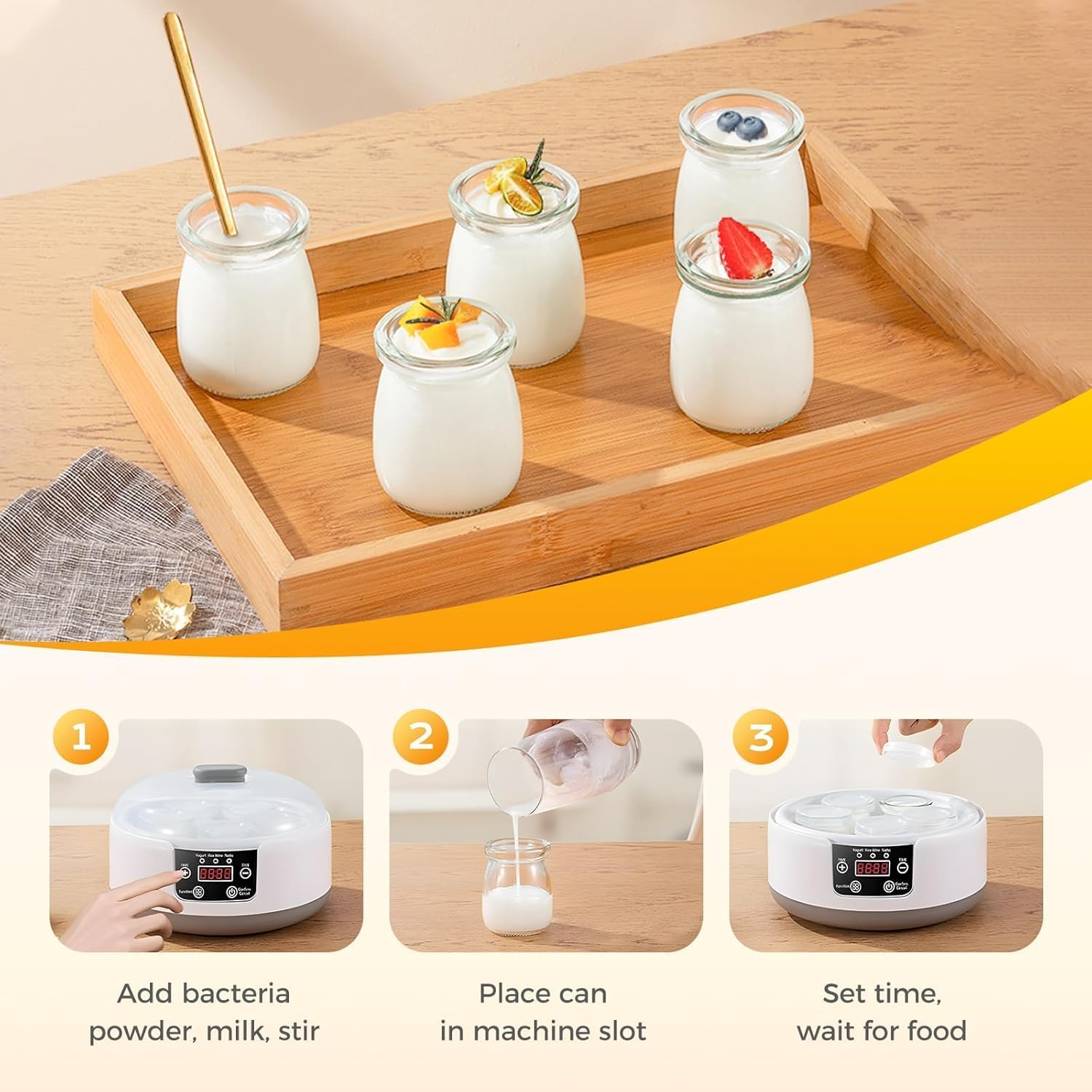 Automatic Yogurt Maker, Temperature & Time Conrtol 36H Electric Yogurt Maker Machine, Home Yogurt Jars with Tainless Steel Inner Container, 3-In-1 Greek Yugurt Maker (Yogurt Machine with 5 Cups) image number 3