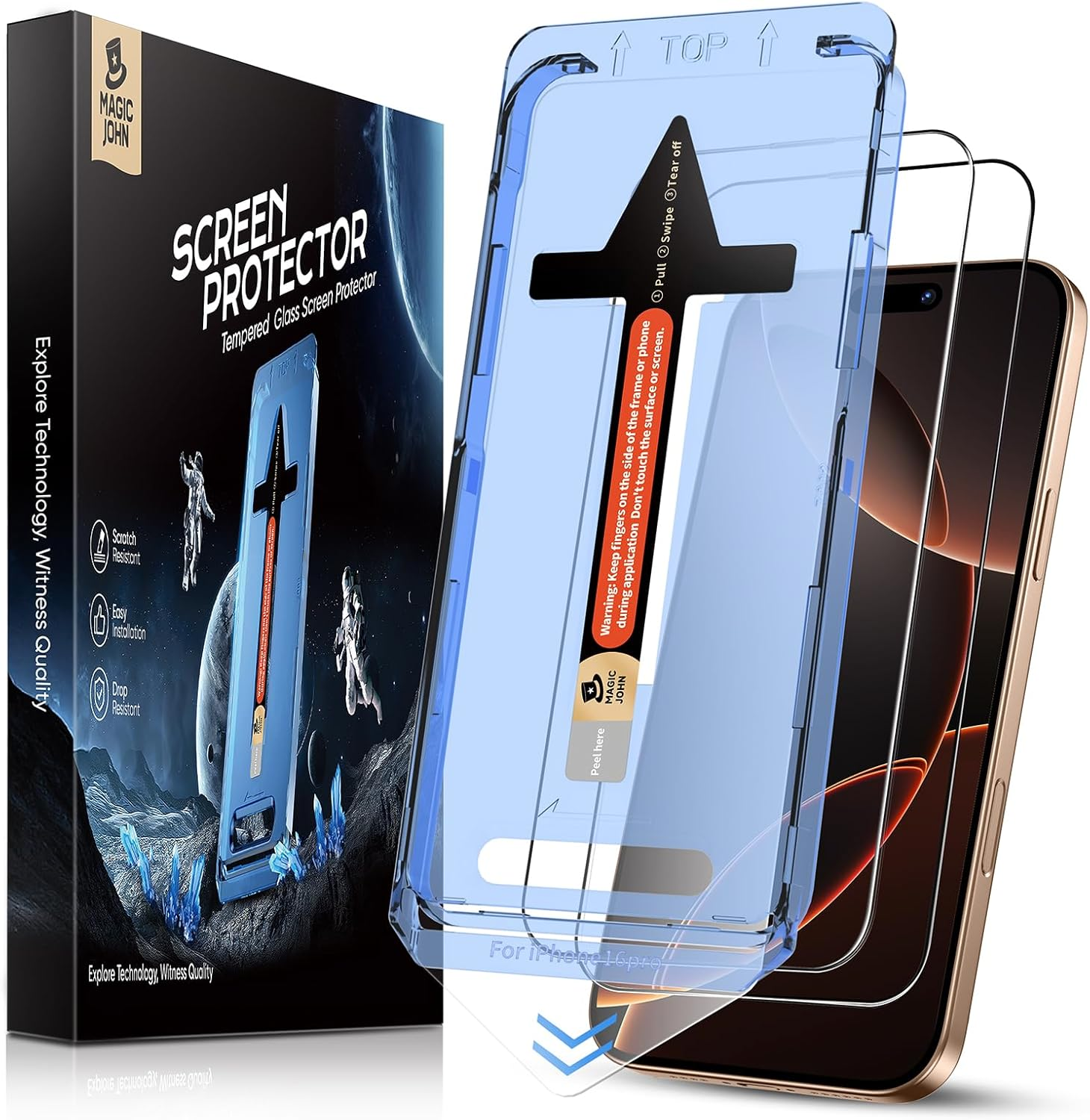 MAGIC JOHN 2 Pack for Iphone 16 Pro 6.3 Inch Tempered Glass Screen Protector, Auto Dust-Elimination, Bubble Free, HD Clear, Easy Installation