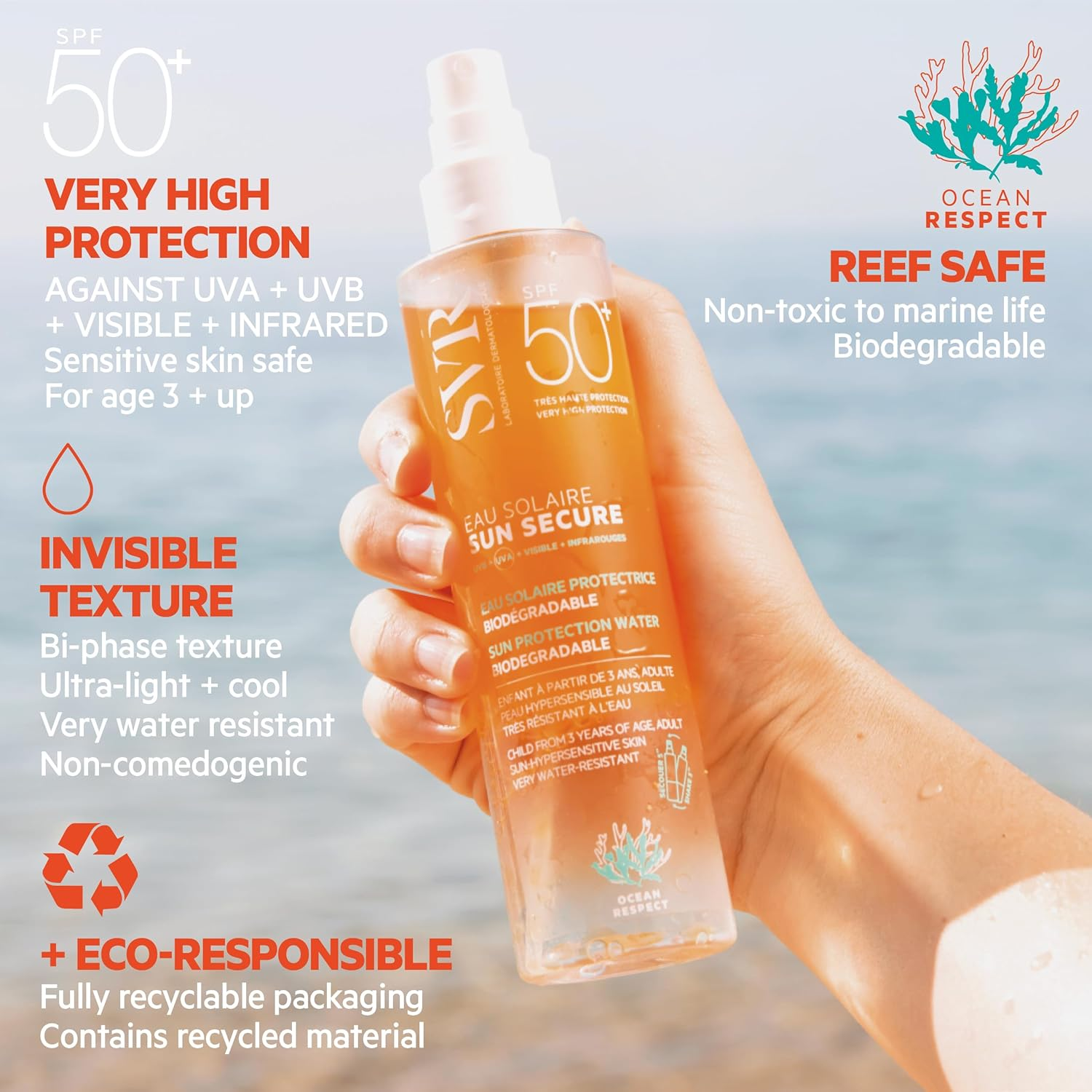SVR SUN SECURE Sun Water - Face and Body Sunscreen SPF 50+ Oleo-Water Spray for Hypersensitive Skin, Invisible Finish, Reef-Safe, All Ages, 200Ml image number 3