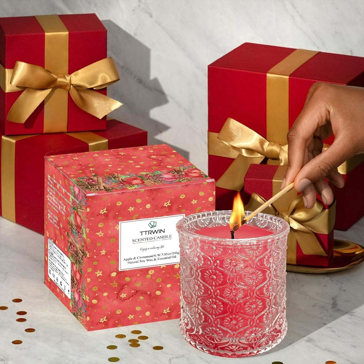 TTRWIN Apple Cinnamon Scented Candle, Natural Soy Wax and Plant Essential Oils, Red Candles, Long-Lasting Clean Burning, Aromatherapy Candles, Gift Surprise for Christmas, Birthday image number 2