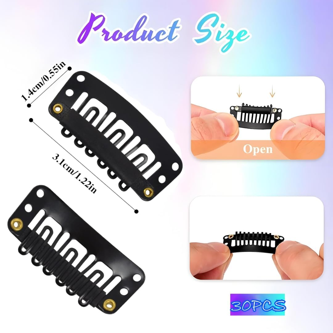 30PCS Hair Extension Clips,Chunni Clips,Metal Snap Clips for Hair Extensions and Wefts, Wig Clips Snap Clips U-Shape with Soft Rubber, Wig Clips to Secure Wig(Black) image number 3