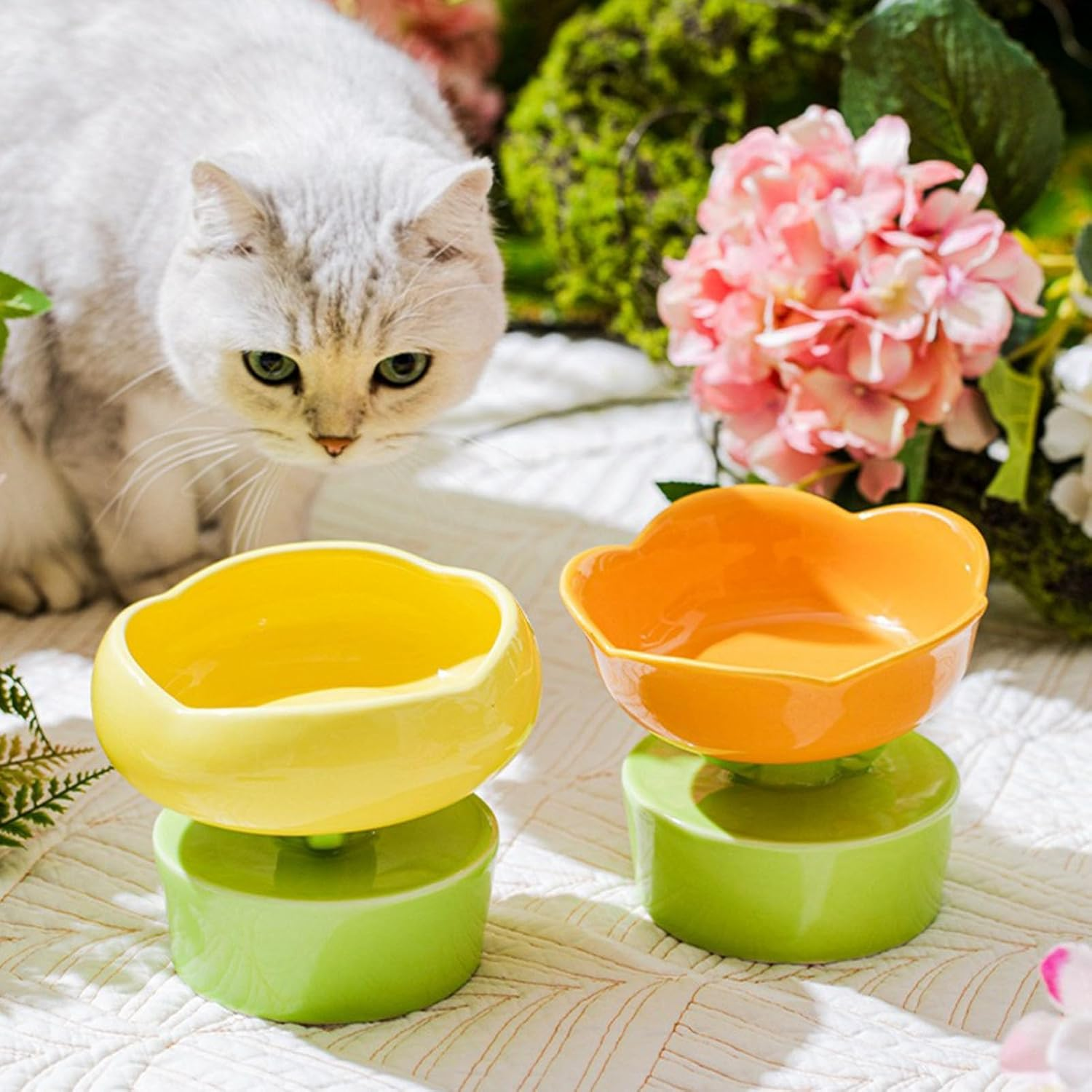 Ceramic Raised Cat Bowl Cute Flower Shape Neck Spine Protecting Raised Pet Food Bowl Pet Feeder Bowl for Cats anti Vomit Cat Bowls for Indoor Cats-Purple image number 6