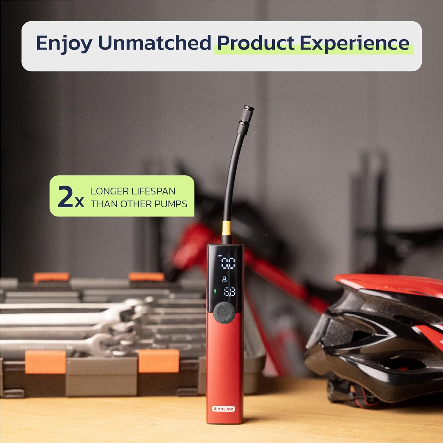 Woowind BP188 Bike Pump Electric Bicycle Pump, Portable Tyre Inflator Air Pump for Car Tyres, Auto Shut-Off Tyre Pump with Presta, Schrader Valve, 120~150PSI and Rechargeable(Red) image number 1