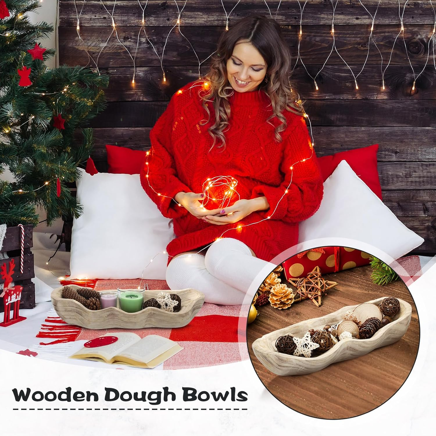 Nuogo 1 Pack 16 Inch Wavy Live Edge Dough Bowl Large Size Wood Rustic Dough Bowl Decorative for DIY Farmhouse Home Supplies Kitchen Decoration(Light Color) image number 1