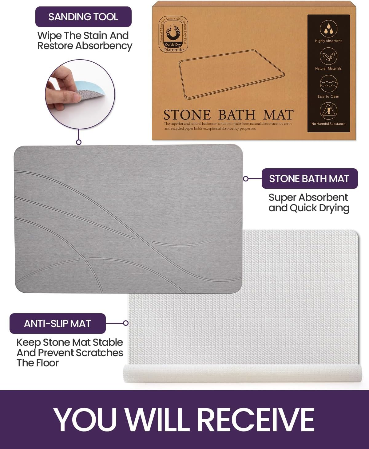 DEXI Bath Mat Stone Diatomite Earth, Super Absorbent Diatomaceous Bathroom Mats, Quick Dry Easy Clean Shower Rug, 15"X24", Grey image number 5