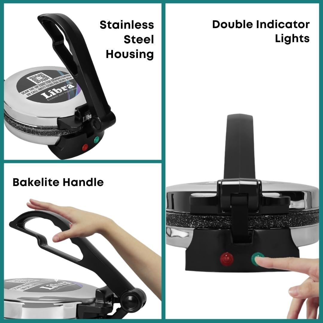 Libra Roti Maker Machine - Electric Tortilla Press with Non-Stick 215 Mm Plates and Durable Handle, Auto Temperature Control Chapati Maker Machine with Indicator Lights with 220 VAC Type I Plug image number 4