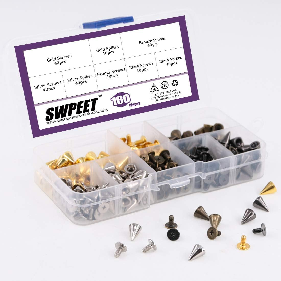 Swpeet 160 Pairs 4 Colors 7Mm X 9.5Mm Bullet Cone Spikes and Studs Metal Screw Back for DIY Leather Craft Cool Rivets Punk Stud Coincal Layer image number 1