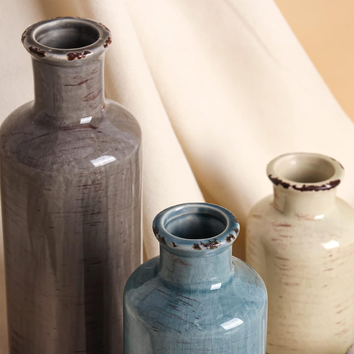 CUCUMI Ceramic Vase Set of 3, Rustic Coastal Farmhouse Decor for Shelves, Ocean Beach Style Small Flower Vases for Home Decor, Mantle, Fireplace, Table, Shelf Decorations for Living Room image number 3