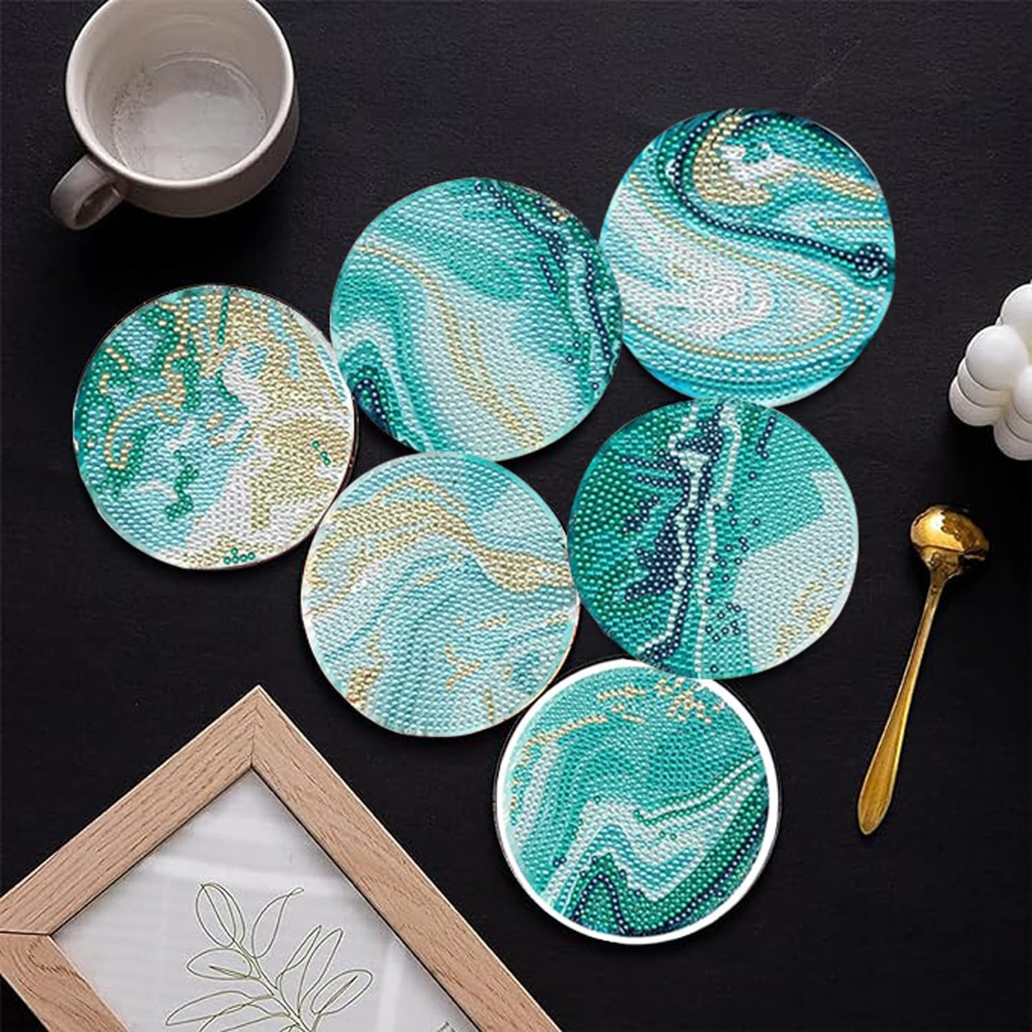 8Pcs Diamond Painting Coasters with Holder, Diamond Art Coasters for Beginners, DIY Teal Marble Ocean Coasters Set for Drinks Painting, Art Kits Craft Supplies for Adults image number 2