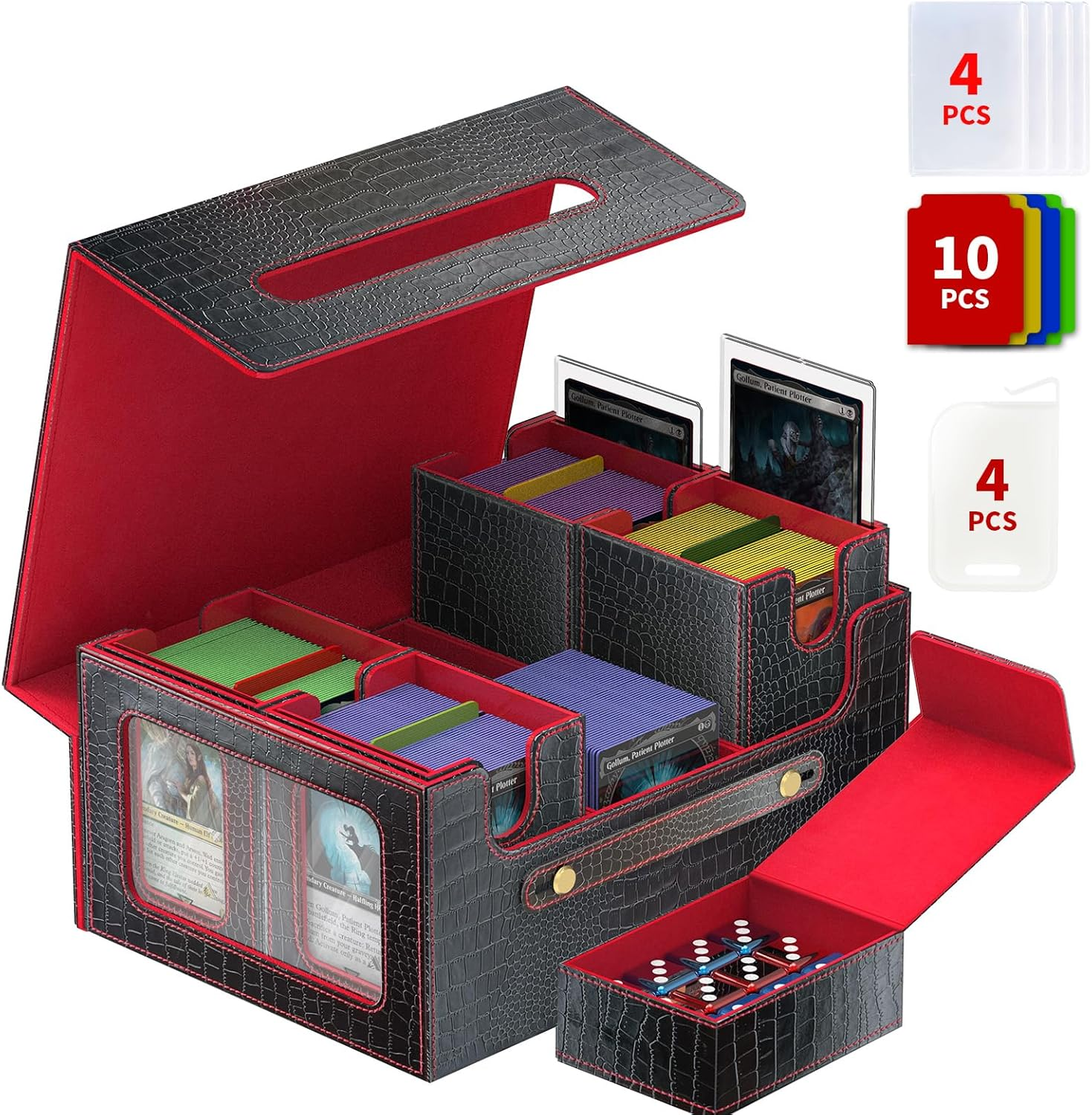 Cyperever Leather Trading Card Storage Box for MTG, Card Storage Box with Commander Deck Display, MTG Deck Box, TCG Sports Case, 4 Toploaders, 4 Stoppers, 10 Colorful Dividers (Black & Red)