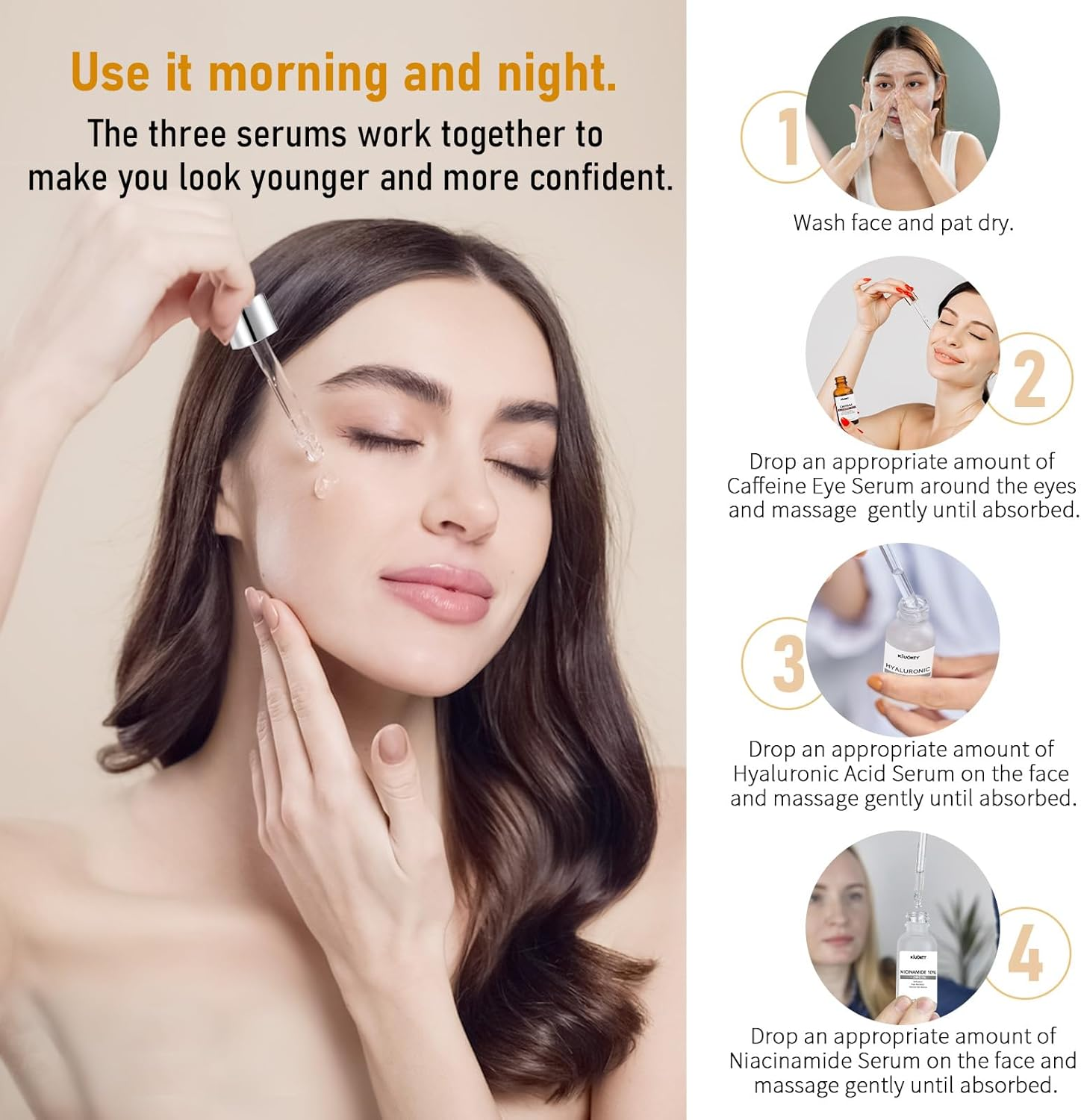 Anti Aging Face Serum Set 3 PCS, Caffeine Solution, Niacinamide and Hyaluronic Acid Serum for Face, anti Aging & Wrinkle, Improve Skin Texture, Deeply Hydrating for All Skins image number 3