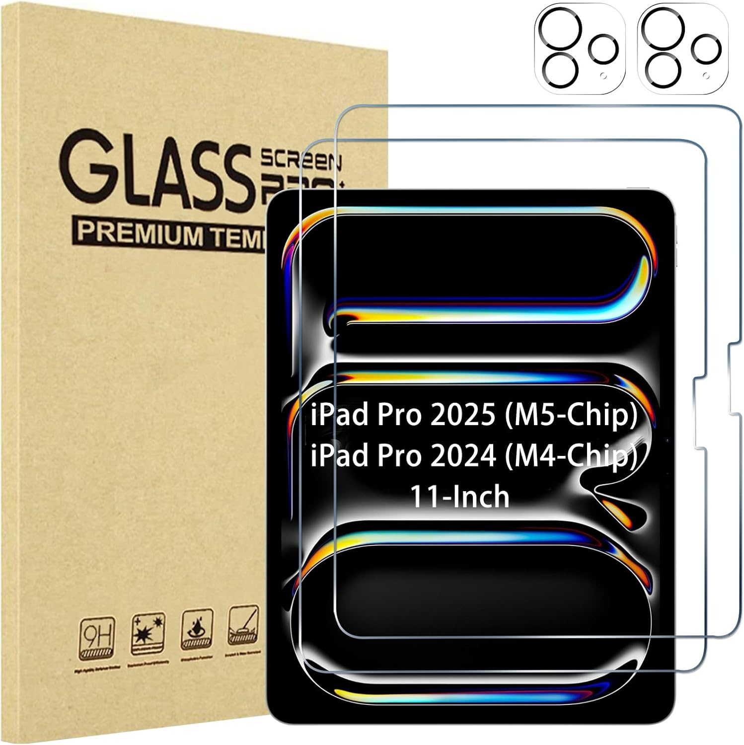Procase 2+2 Pack Screen Protector for Ipad Pro 11 Inch 2025/2024 (M5/M4) with Camera Lens Protector, Tempered Glass Film for Ipad Pro 11" -2Clear
