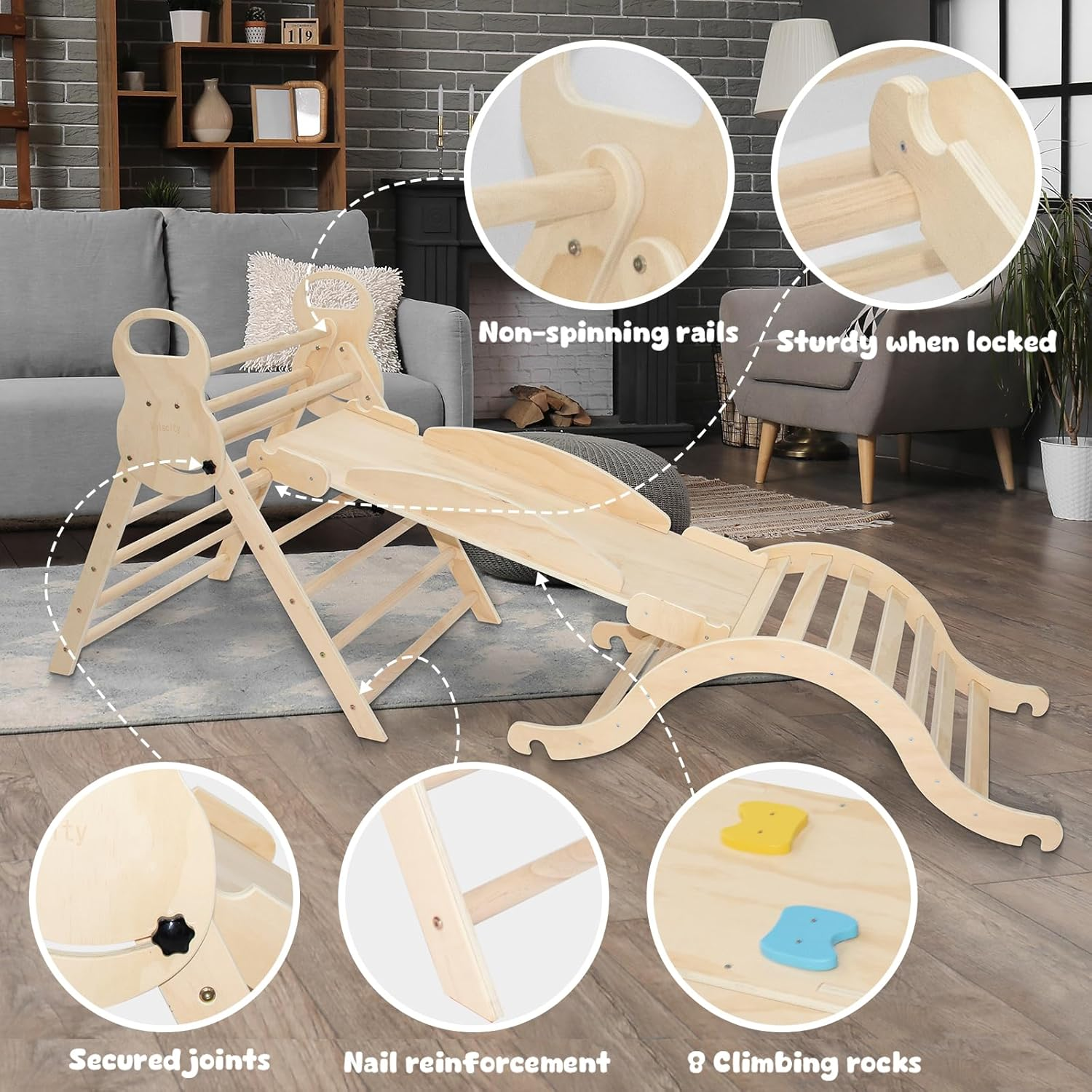 7 in 1 Pikler Triangle Set,Foldable Climbing Toys Wooden Montessori Climbing with Sliding Ramp&Arch Rocker for Toddlers,Climber Indoor Playground Set for Kids (Wooden Color) image number 1