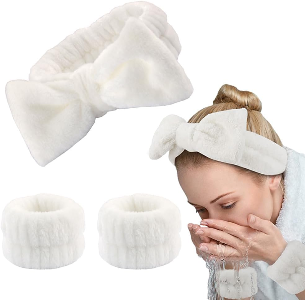 Wnddle 3 Piece Spa Face Headband Wrist Wash Strap Set, Spa Bowknot Hair Bands, Soft Makeup Hair Band, Elastic Wrist Sweatband, for Women Showering Face Washing Yoga Sports image number 1