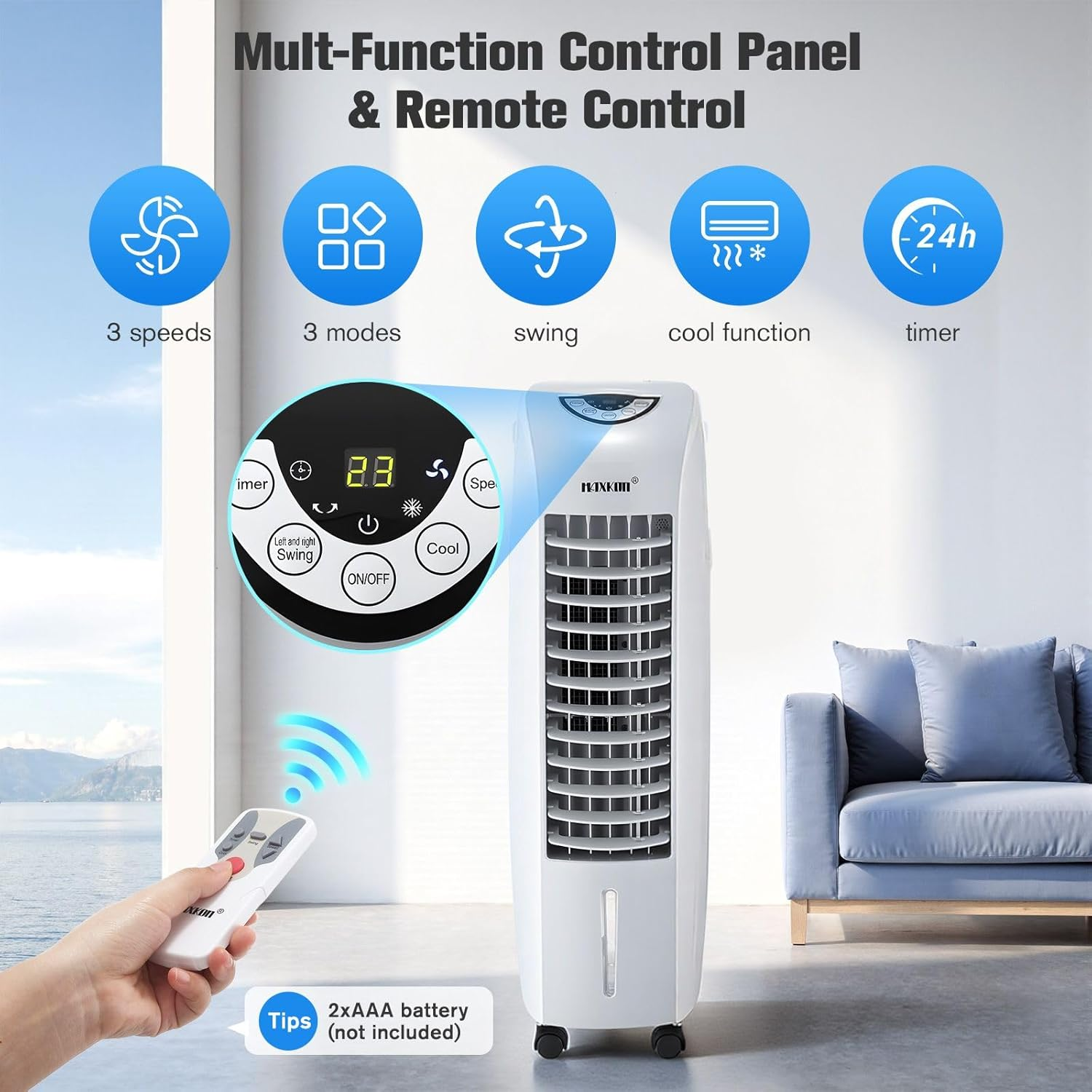 Maxkon Air Cooler Portable Evaporative Cooling Fan Purifier Humidifier 6L Water Tank 4 in 1 Swamp Home Room Ionizer Conditioner System