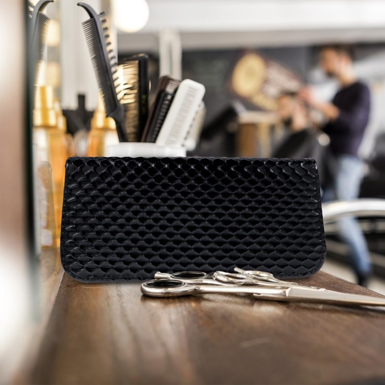 Vaguelly Scissors Storage Bag Case for Hair Cutting Scissors Case for Hair Scissors Bag Scissors Case for Hair Cutting Scissors Hairdressing Bags Scissors Bags Black Leather image number 4