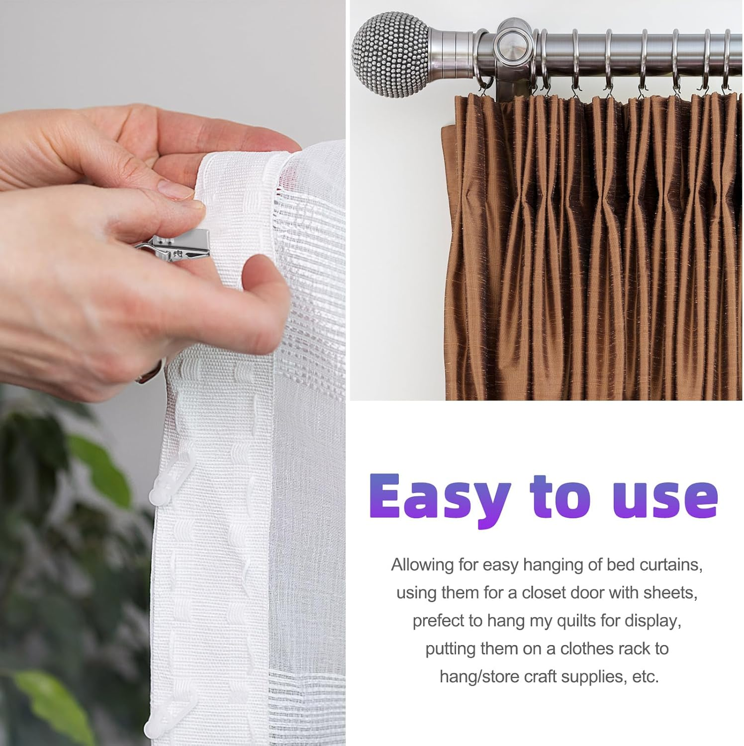 Swpeet 40 Pack Silver Curtain Rings with Clips, Curtain Clip Rings Hooks, Bow Hanger Clips, Hangers Drapes Rings for Hanging Drapery Drapes Bows, Ring 1.38" Interior Diameter, Fits up to 1" Rod