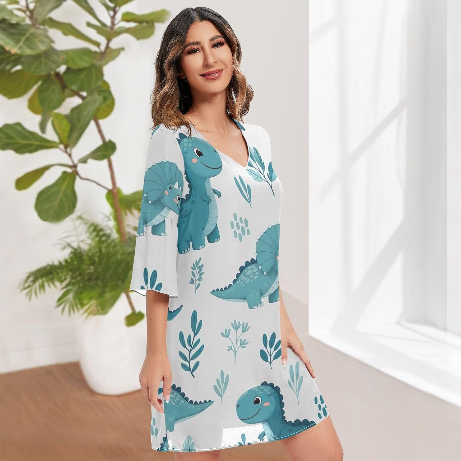 Cute Dinosaur Blue Casual Dress Printed Line Maternity Dress image number 4
