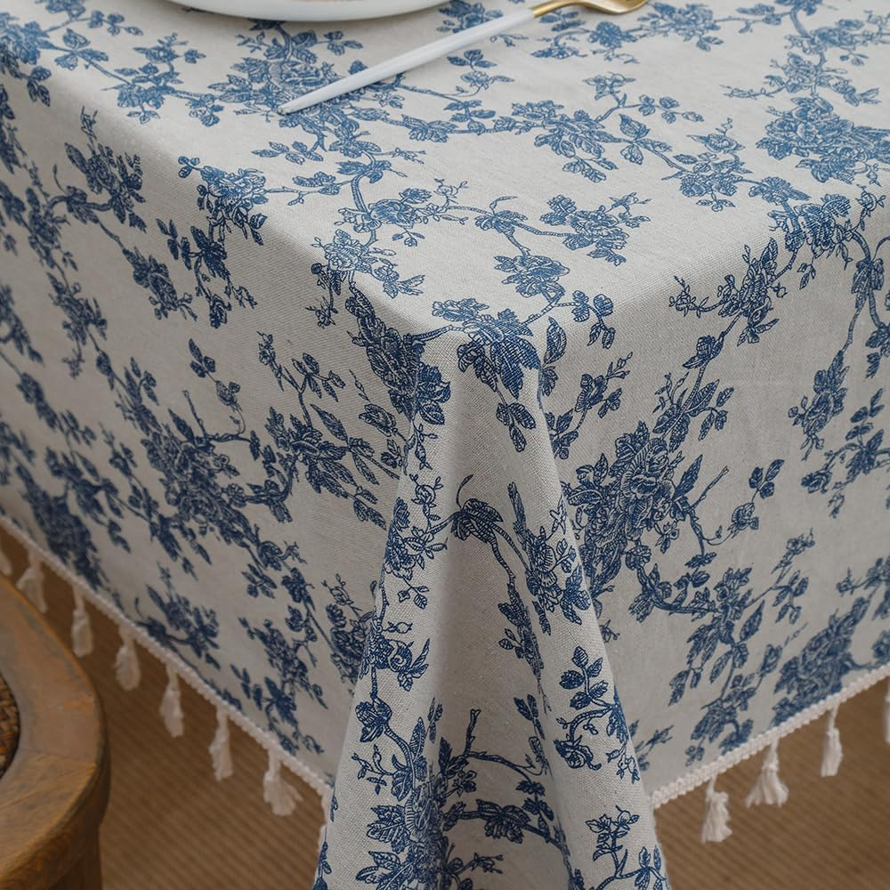 Anaado Cotton Linen Square Table Cloth for Dining Table, Table Cover 4 Seater, Vintage Blue Floral, 55''X55''