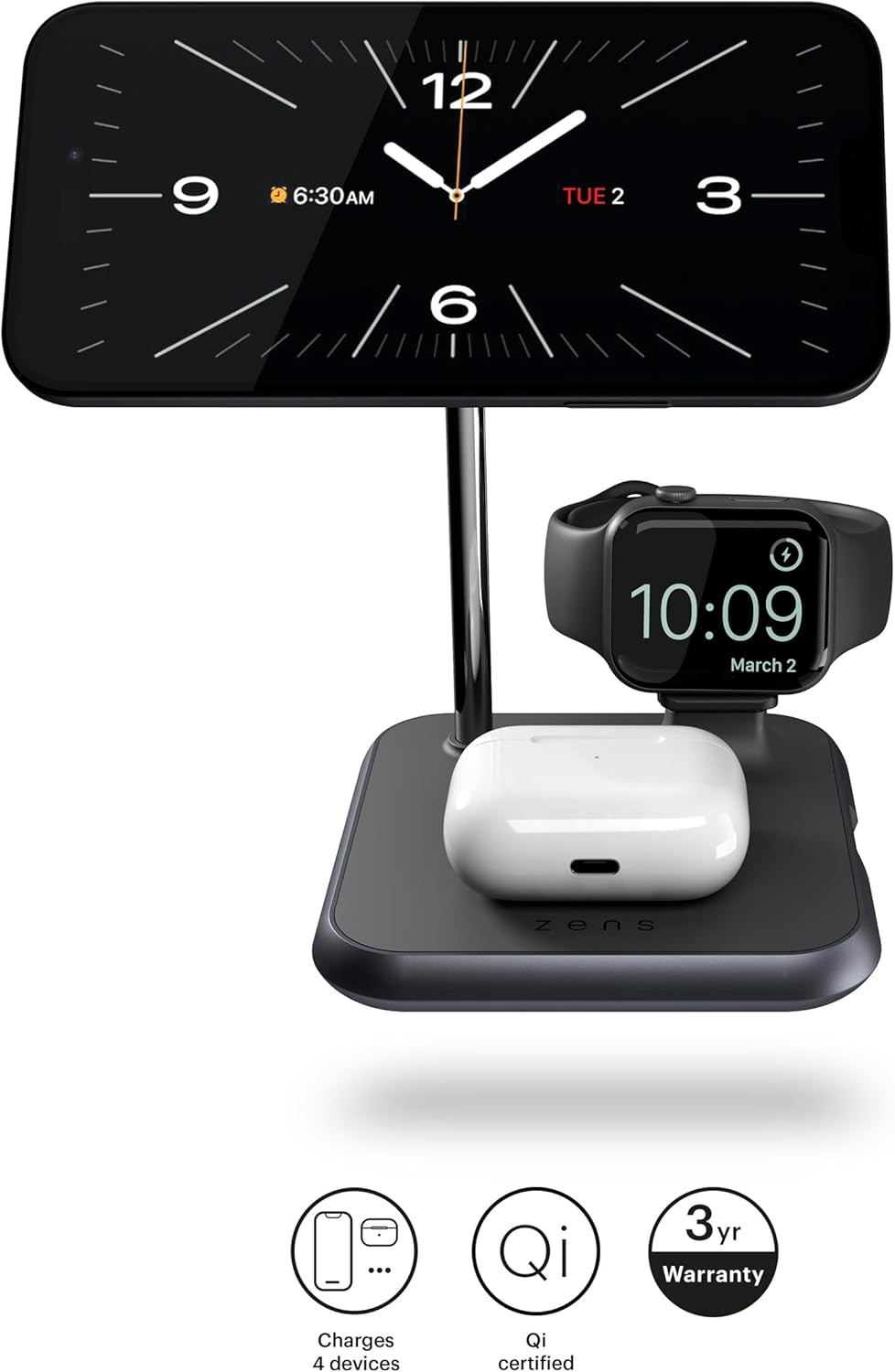 ZENS Magnetic+Watch Aluminium 4-In-1 Wireless Charger Compatible with Magsafe (Qi/Mfi Certified, Power Supply with Cable Included) Black image number 3