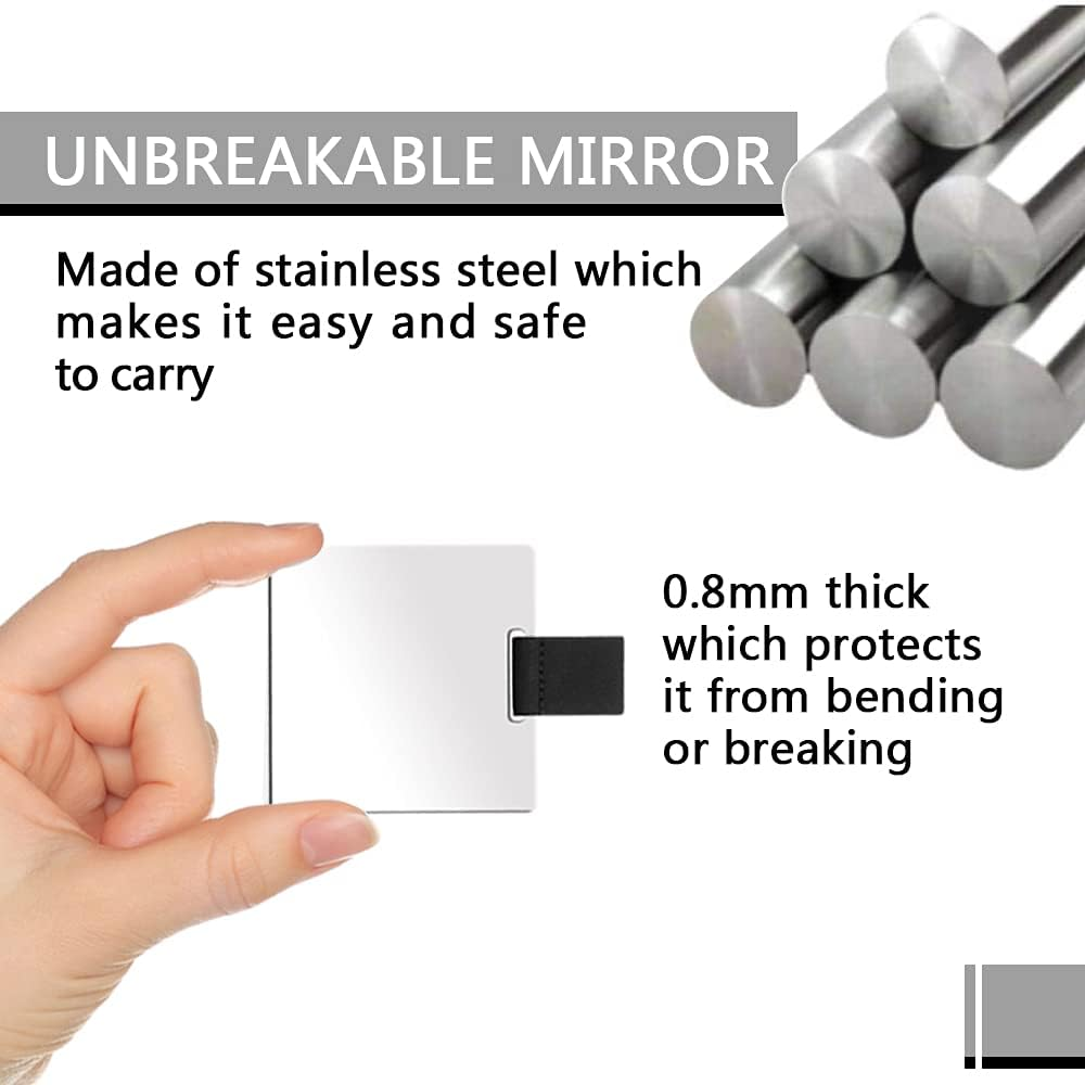 Ultra Thin Pocket Mirror Unbreakable Stainless Steel with PU Leather Bag, Easy to Carry, Lightweight and Suitable for Makeup, Camping, Travel (Black) - Black image number 3