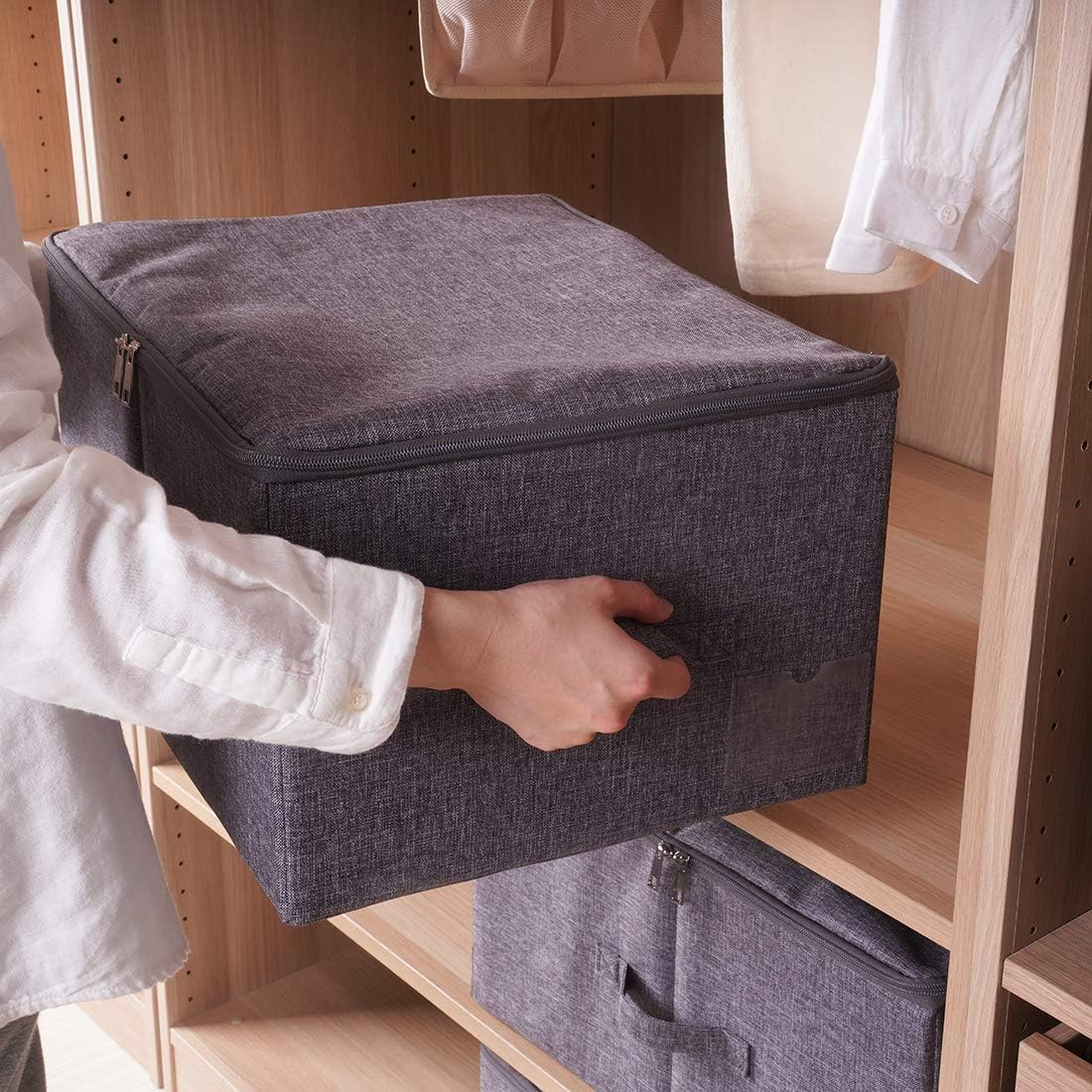 Iwill CREATE PRO Pack of 2, Fabric Folding Washable Clothes Storage Boxes with Zip Lid for Wardrobe, Black Gray - Beige image number 3