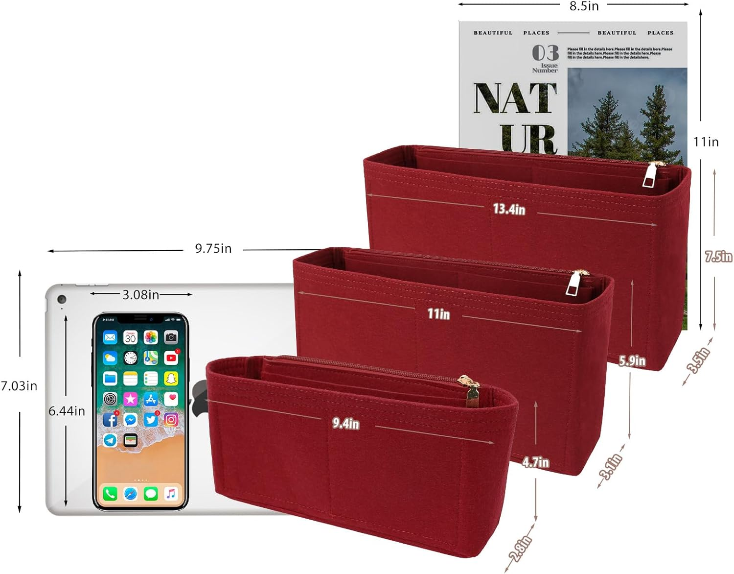 Surblue Purse Organizer Insert for Handbags, Felt Bag Organizer with Zippers Handbag Shaper Pouch for Classic 19 Flap Bag, Marmont, Onthego,（Burgundy, Slender M） image number 3