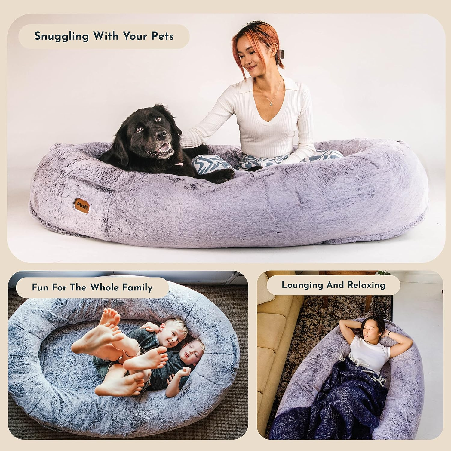 Plufl, the Original Human Dog Bed for Adults, Kids, and Pets. as Seen on Shark Tank. Comfy Plush Large Bean Bag with Memory Foam, Machine Washable, and Durable. Perfect Nap and Floor Bed - Arctic Grey