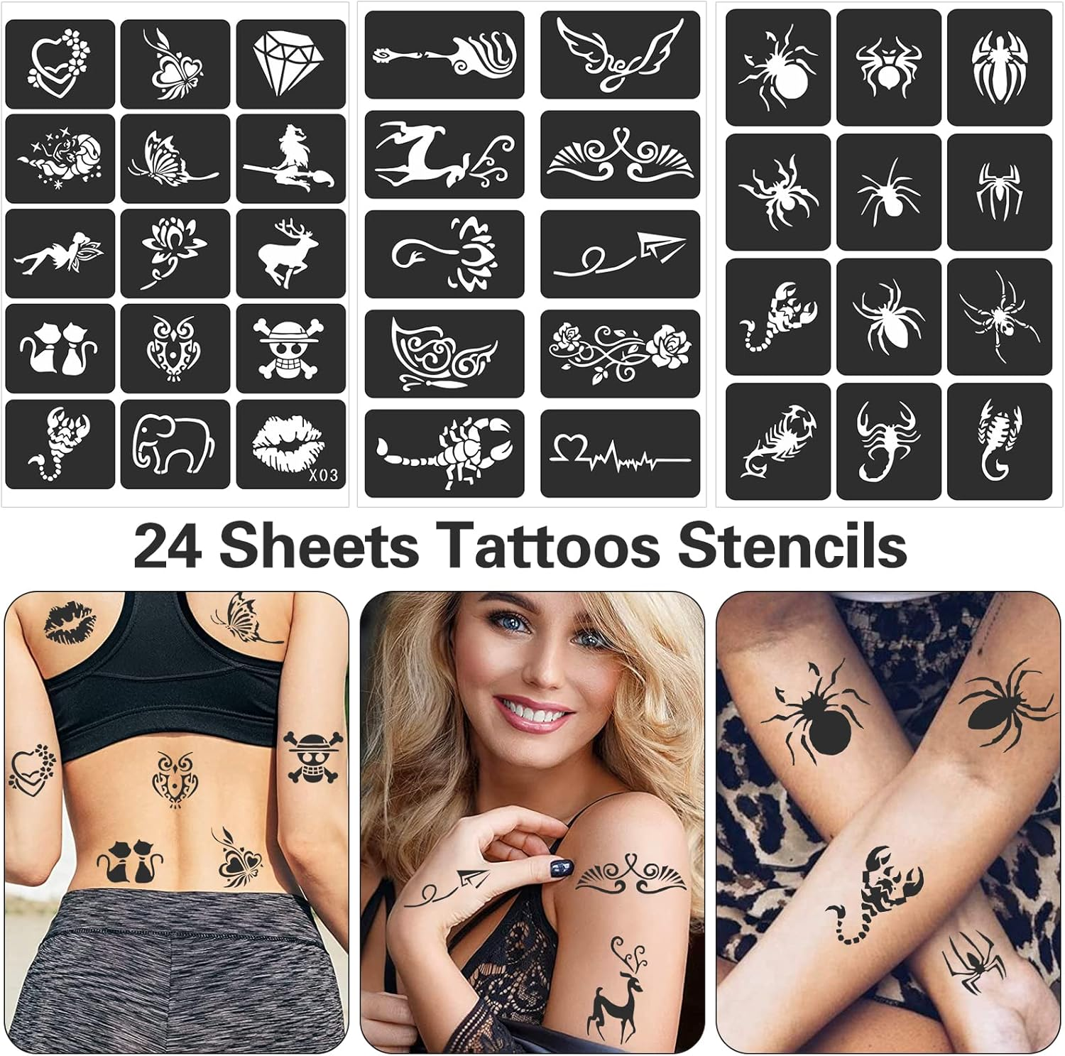FANOST 24 Sheets Tattoo Stencils for Kids Teens Adults, Henna Tattoo Stencil Kit, 400Pcs Tattoos Design, Tattoo Stencil for Real Tattoos, Airbrush Tattoo Stencils, Henna Stencil for Face Hand Finger image number 6