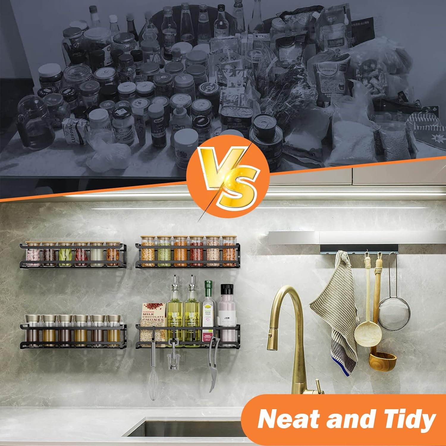 Bunoxea Spice Rack Wall Mounted 4 Pack, Space-Saving Spice Organizer for Spice Jars and Seasonings,Screw or Adhesive Hanging Spice Rack Organizer for Your Kitchen Cabinet,Or Pantry Door - Black image number 6