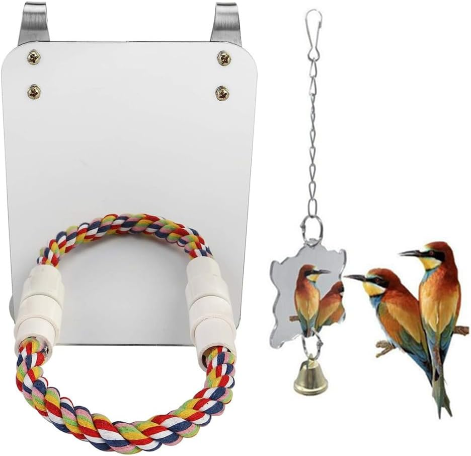 Budgie Mirror Bird Mirror，Granmagazz Bird Stand Perch with Mirror, Bird Cotton Rope Stand Swing Parrot Cage Toys for Parrot Budgies Parakeet Cockatiel Conure Finch Lovebird Macaw Cage Hanging image number 1
