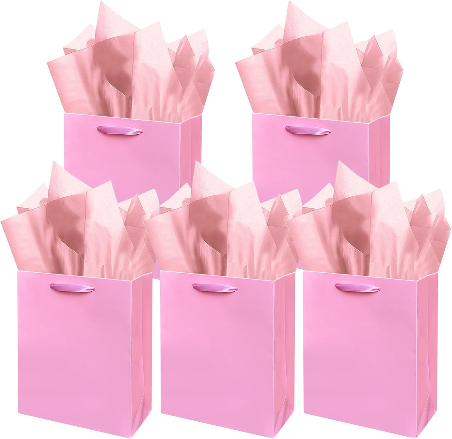 Qiqee Pink Gift Bags with Tissue Paper for Wedding, Birthday, Party Supplies-20X11X24Cm Medium Size Cardboard Gift Bags（8"X4.3"X10",5Pcs Bags +15Pcs Tissue Paper ） image number 1