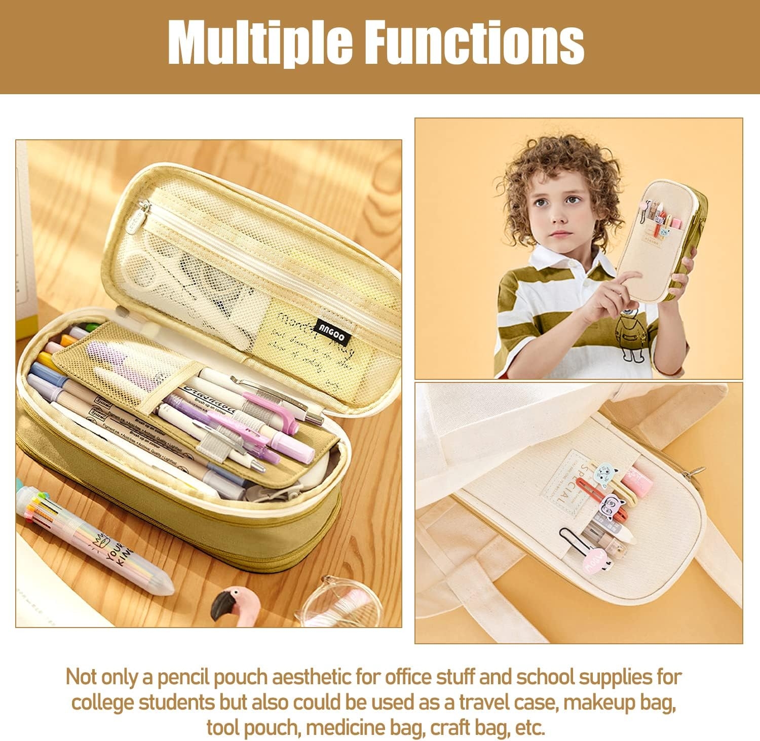 LHMTQVK Large Capacity Pencil Case Pencil Pouch Handheld Pen Bag, School Pencil Case for Teen Girl Boy Men Women Adult Christmas Gifts, Light Blue-Beige, Portable (01) image number 4