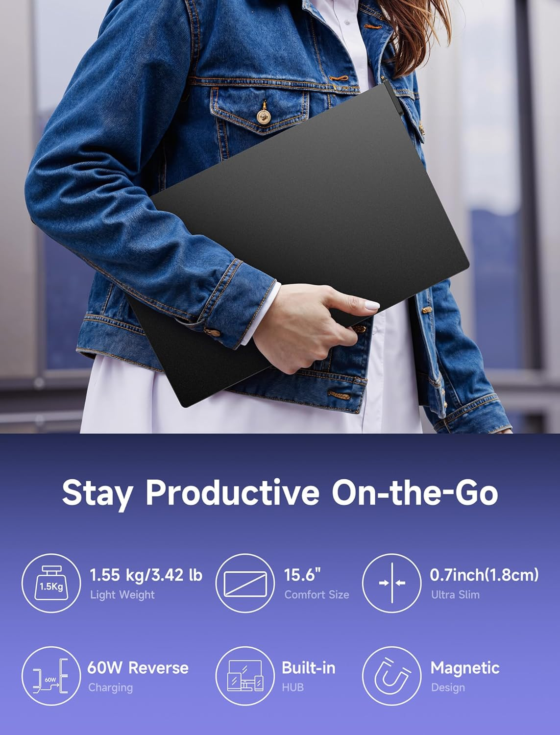 JSAUX Flipgo Lite 15.6" IPS Dual Stacked Portable Monitor, 1080P FHD Laptop Screen Extender with Built-In HUB, Magnetic Design, Single Cable for Triple Monitor Setup (Windows Only)