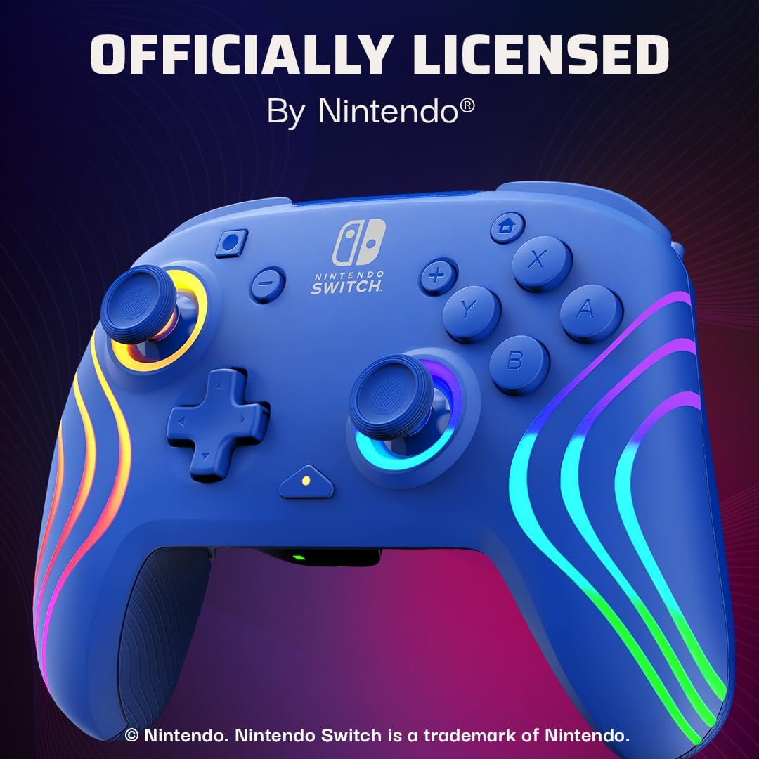 PDP Afterglow Wave Wireless Pro Controller with Full Motion for Nintendo Switch, Nintendo Switch - OLED Model, 8 RGB LED Lighting Zones, 30 Foot Range, 20 Hour Rechargeable Battery: Blue image number 2