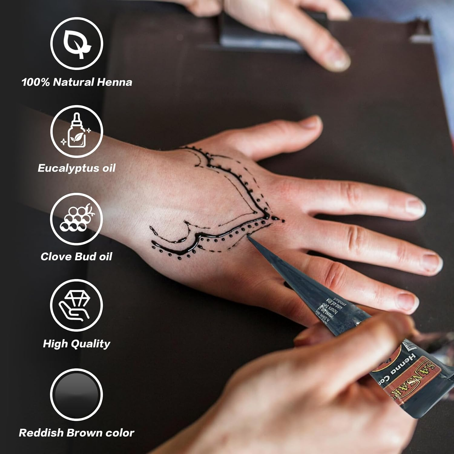 6 Pack 100% Natural Temporary Tattoo Paste Henna Cone | 1 Cone 31 Grams | Indian Body Art Painting Drawing Tattoos Freckles (Black Color) image number 4