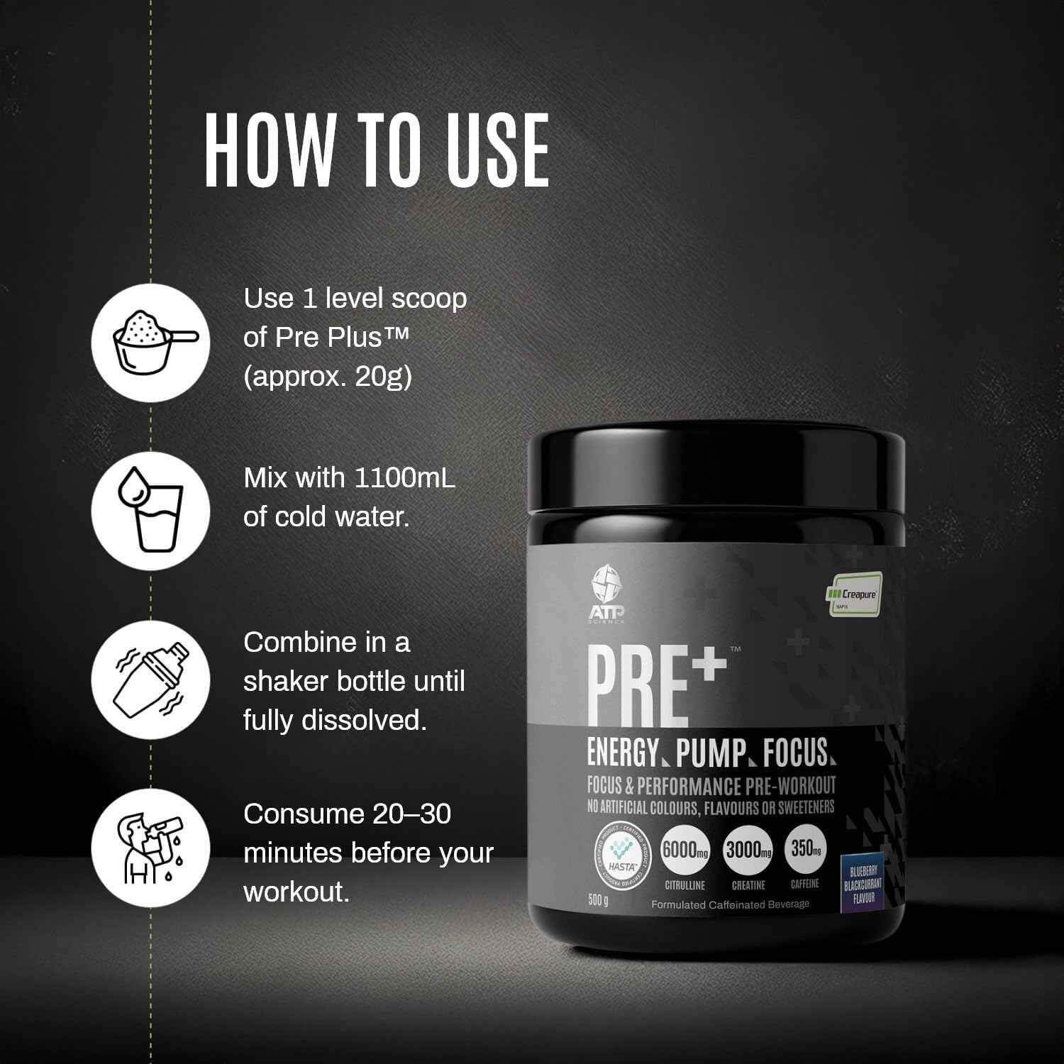 ATP Science Pre plus Preworkout Powder, Infused with Creapure Creatine Monohydrate, Caffeine Anhydrous, L-Citrulline Malate, No Artificial Colours and Flavours, Flavour - Blueberry Blackcurrant, 500G image number 5