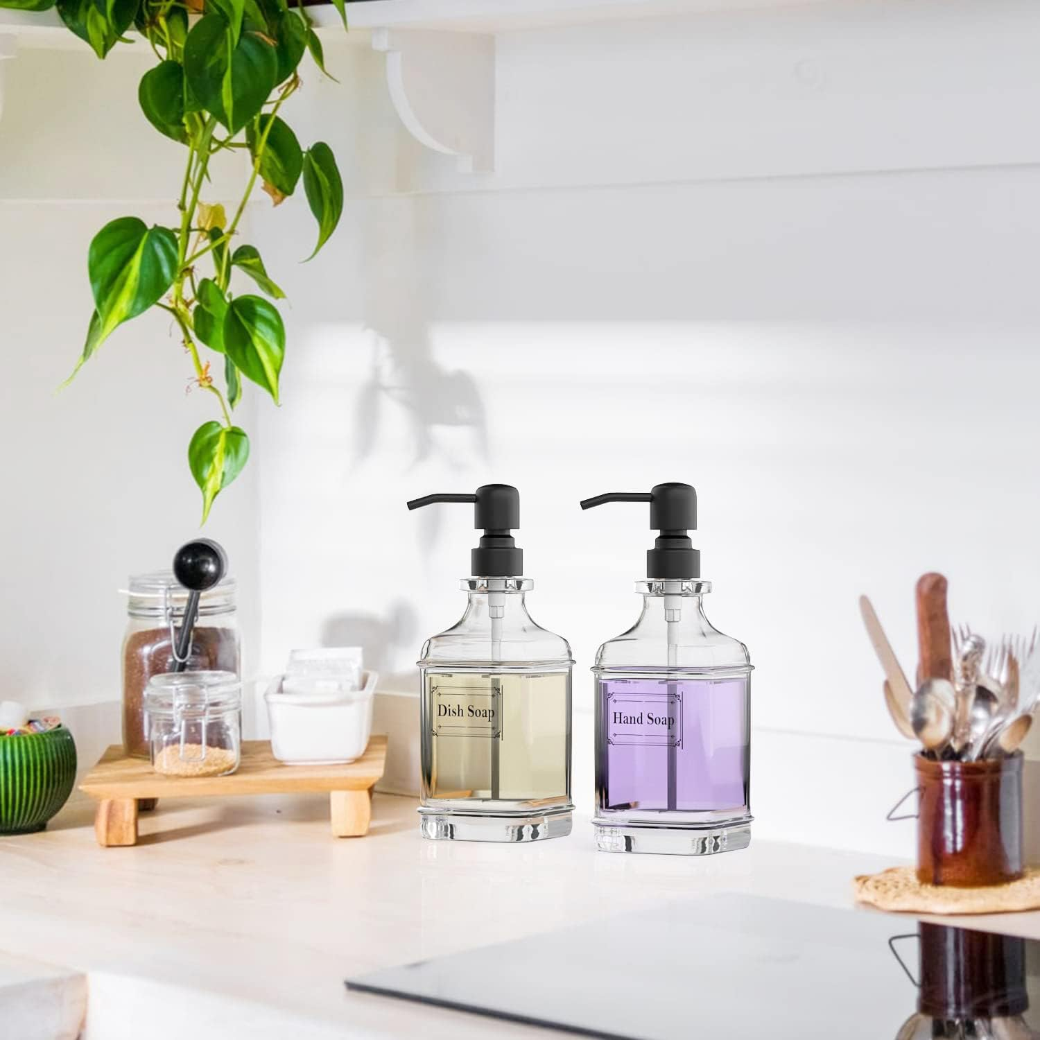 Soap Dispenser 2 Pack, 18 Oz Antique Design Thick Glass Hand Soap Dispensers with 304 Rust Proof Stainless Steel Pump 4 Clear Stickers for Bathroom Kitchen image number 3