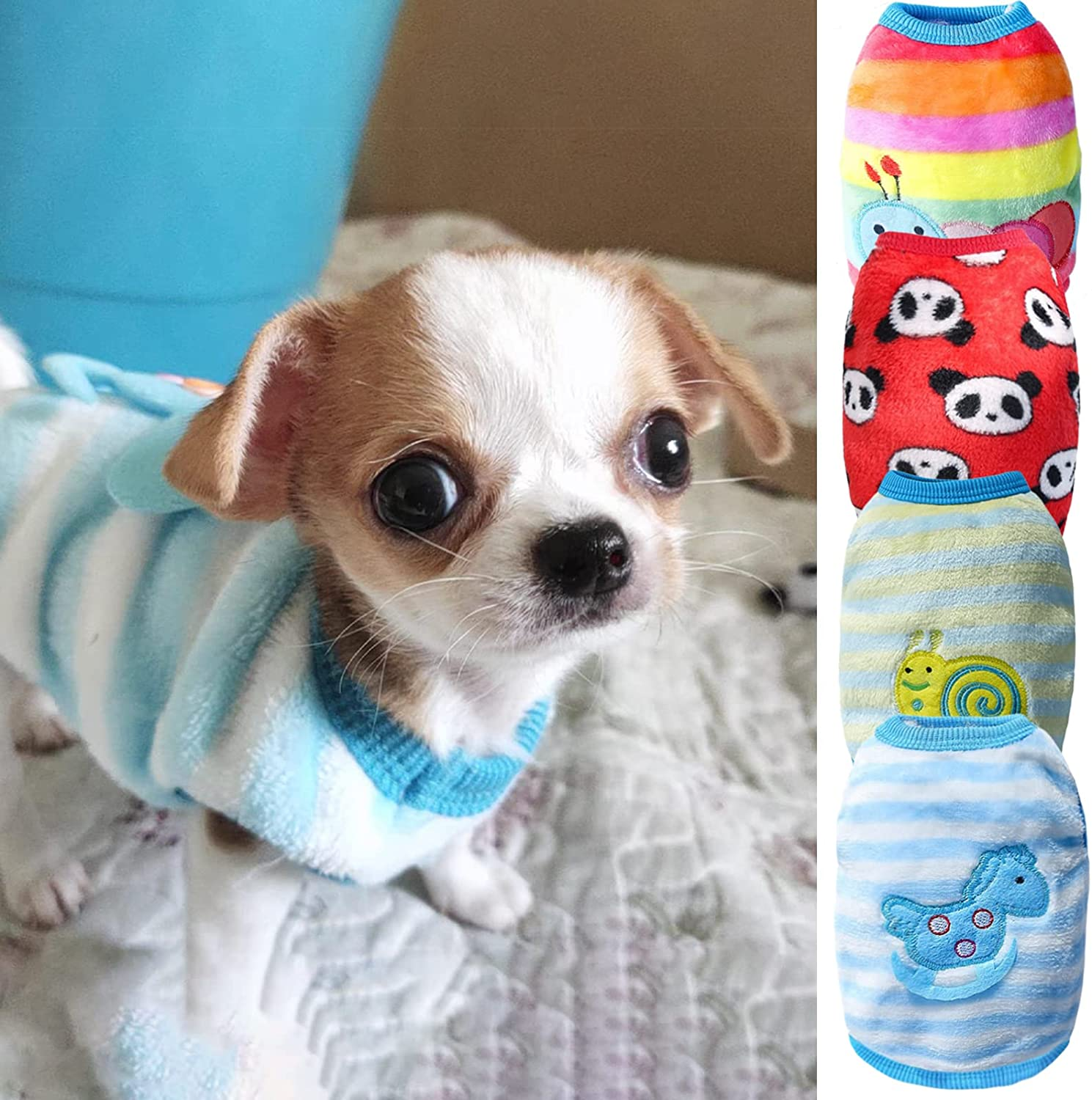 Dog Sweaters for Small Dogs Boy Chihuahua Yorkies Male Set of 4 Warm Fall Winter Cute Puppy Clothes Shirt Vest Size XXS ~ XL (Small, Caterpillar+Horse+Snails+Panda)