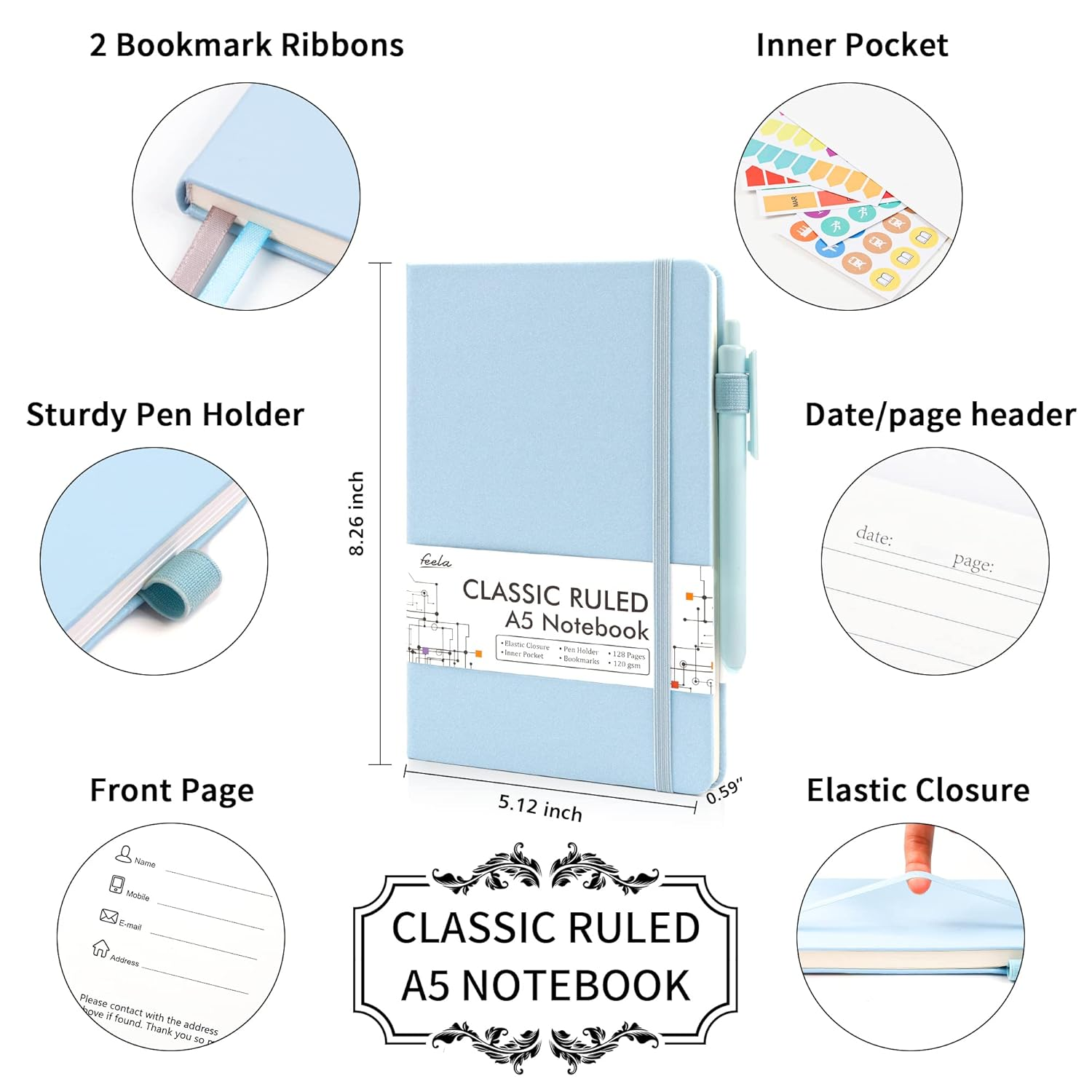 Feela 3 Pack Notebook Journals Bulk, Hardcover Notebooks Classic Ruled Lined Journals with Pen Holder for Women Girls School Business Supplies, with 3 Black Pens, 120 GSM, 5.1&rdquo;X8.3&rdquo;, A5, Light Blue image number 6
