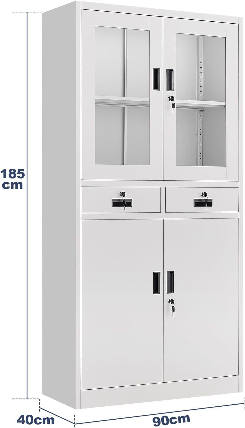 185Cm Steel File Locker Cabinet Lockable Filing Storage with 4 Adjustable Shelves and 2 Drawers,2 Tempered Glass Door & 2 Metal Door Cupboard Office Garage Stationary image number 1