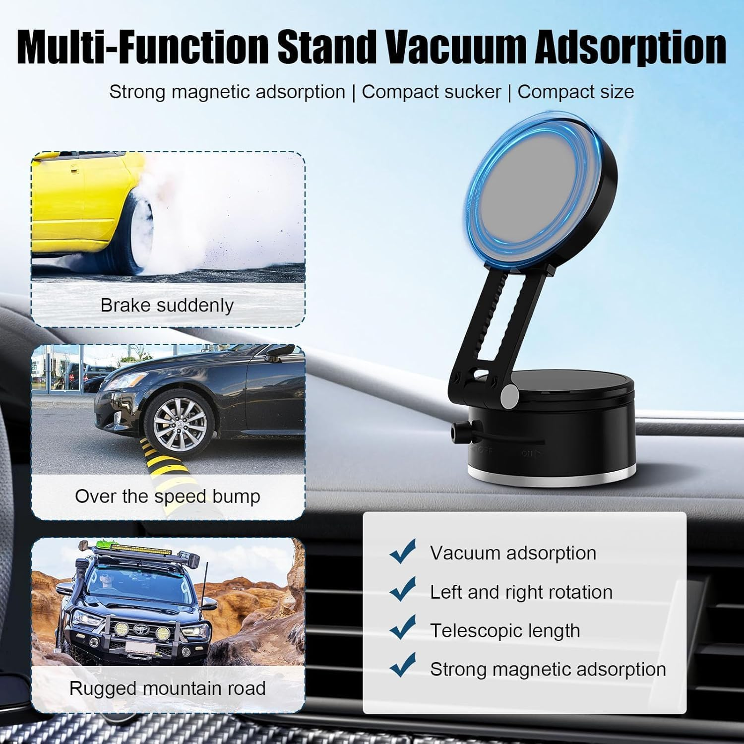 Wzenclave Magnetic Car Phone Holder, Extendable and Adjustable Foldable Car Holder with Vacuum Suction Phone Holder, Universal Shower/Car/Mirror image number 1